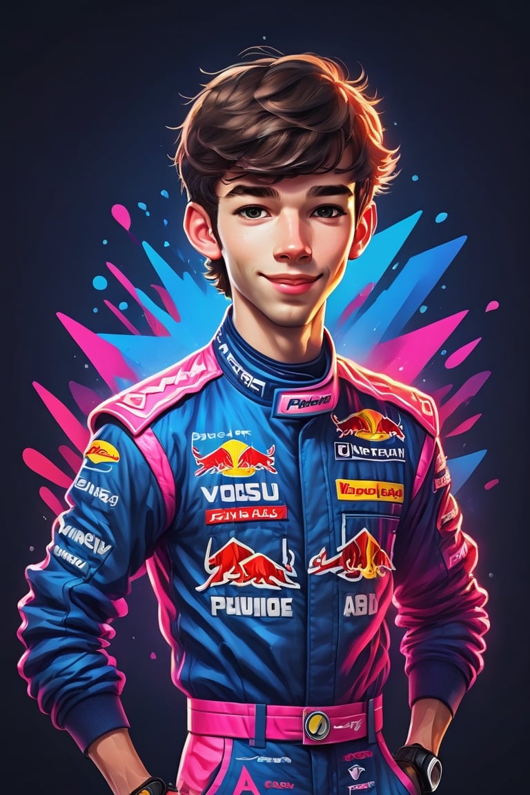 Marking. Colorful, cute and adorable F1 driver Pierre Gasly, smiling, dancing, wearing blue and pink Alpine uniform, 
 3D cartoon character. hyperrealism, photorealism, beautiful, complex, incredibly detailed and award-winning photographs. dark background illuminated by neon lights