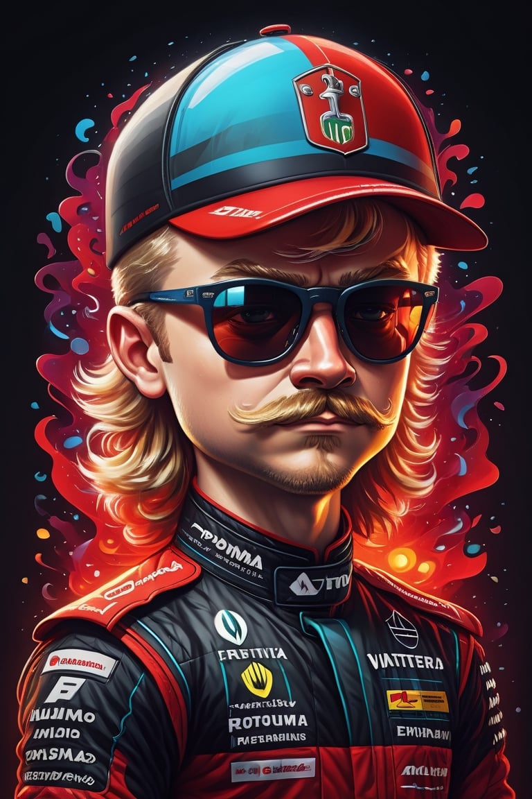Marking. Colorful, cute and adorable F1 driver valtteri bottas, mullet hair, mustache, dancing, wearing black and red Alfa Romeo uniform, 
 3D cartoon character. hyperrealism, photorealism, beautiful, complex, incredibly detailed and award-winning photographs. dark background illuminated by neon lights