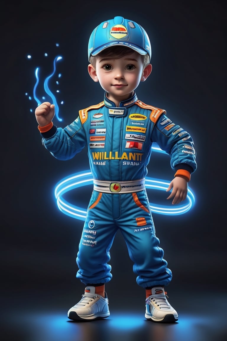 Marking. Colorful, cute and adorable F1 driver logan sargeant, dancing, wearing blue Williams uniform, 
 3D cartoon character. hyperrealism, photorealism, beautiful, complex, incredibly detailed and award-winning photographs. dark background illuminated by neon lights