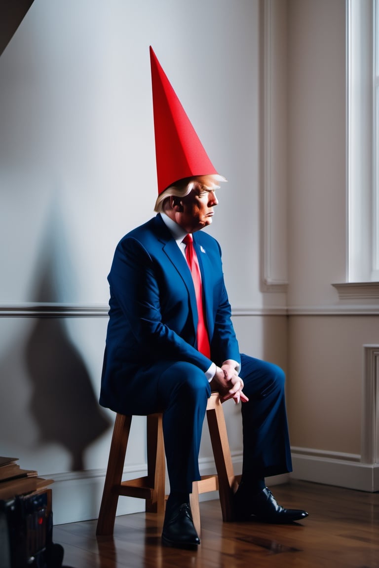 cinematic photo of Donald Trump sitting on a wooden stool in a corner wearing a white dunce cap on his head blue suit with red tie, looking sad at the viewer, 35mm photograph, film, bokeh, professional, 4k, highly detailed  