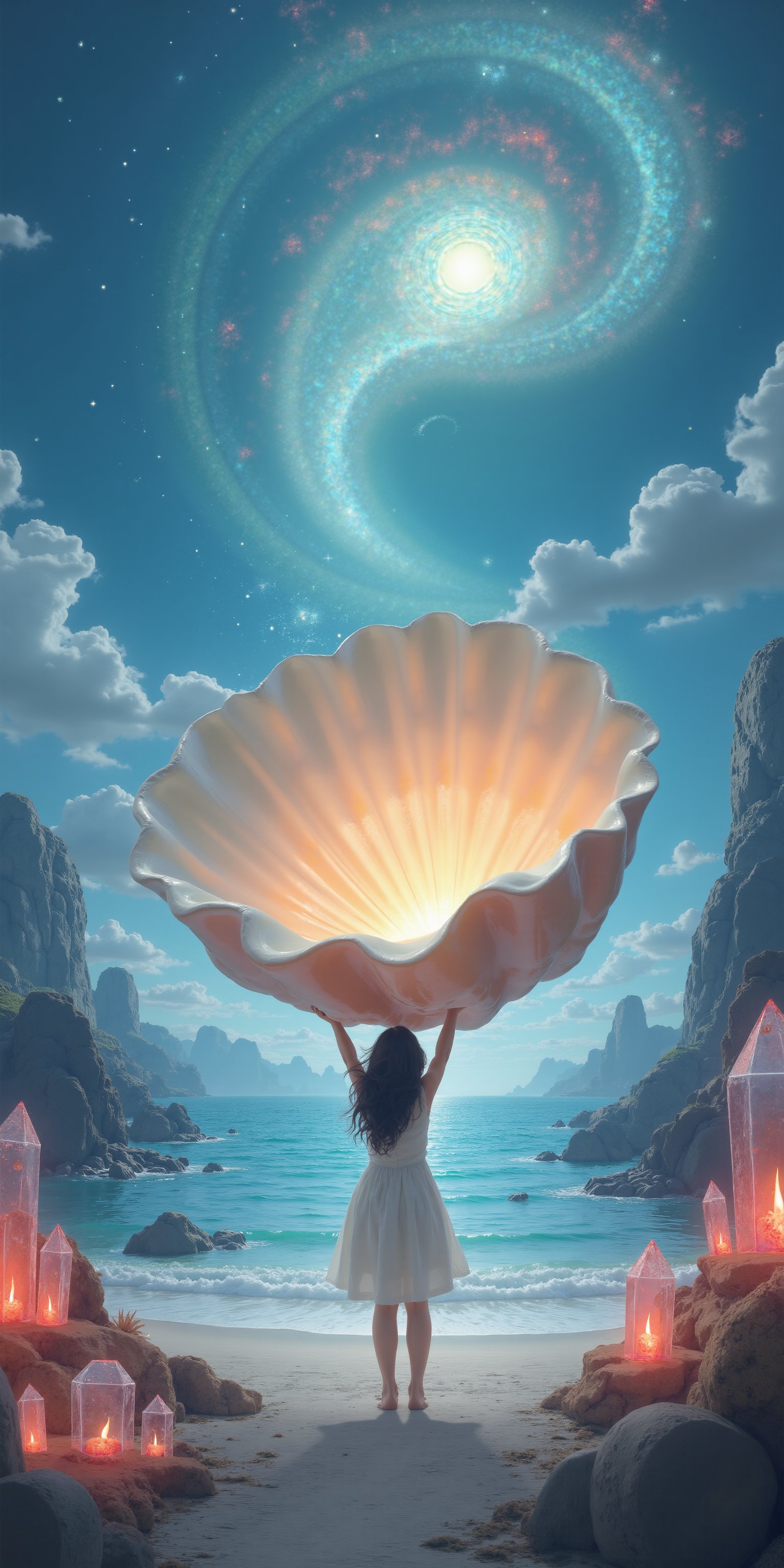 "((masterpiece)), highly detailed, digital illustration, a Beautyful young girl standing on an otherworldly beach, holding a giant shell with a shimmering mother-of-pearl interior, the shell radiating soft iridescent light, her eyes wide with wonder as she gazes into its depths, the landscape around her filled with strange, fantastical flora and glowing crystals, the sky above swirling with vibrant colors, blending elements of science fiction and fantasy, a sense of discovery and magic"lOOKING bACK