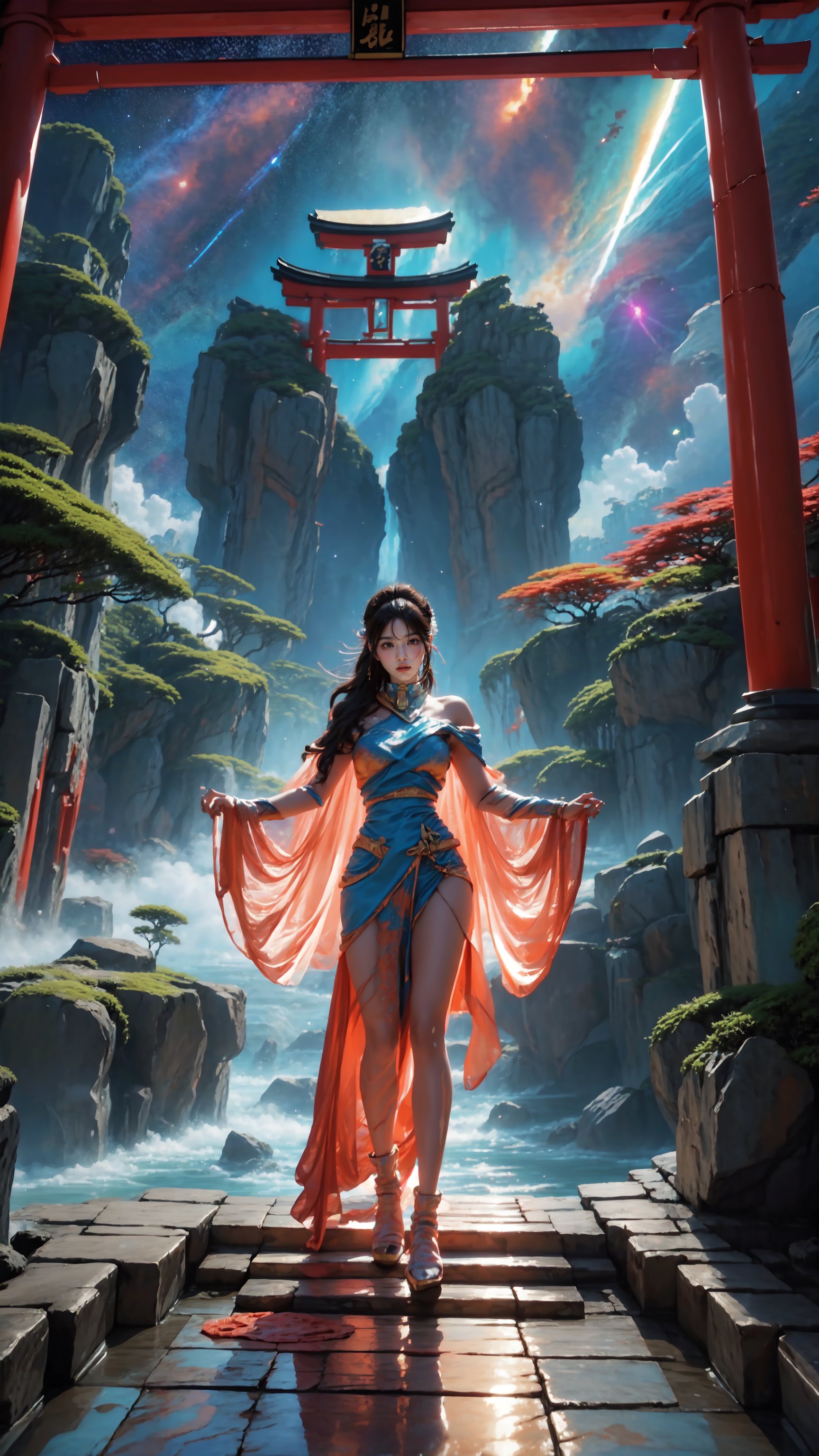 "Full body portrait, girl in a flowing space cape, standing UNDER A TORII on the edge of a vast crystalline canyon, alien planet with swirling nebula skies, dramatic perspective, ((80s space opera)), epic adventure, lens flare effect, detailed textures, photorealistic, golden hour, rule of thirds, rich color contrast, deep shadows, ultra high resolution",Torii,Realism