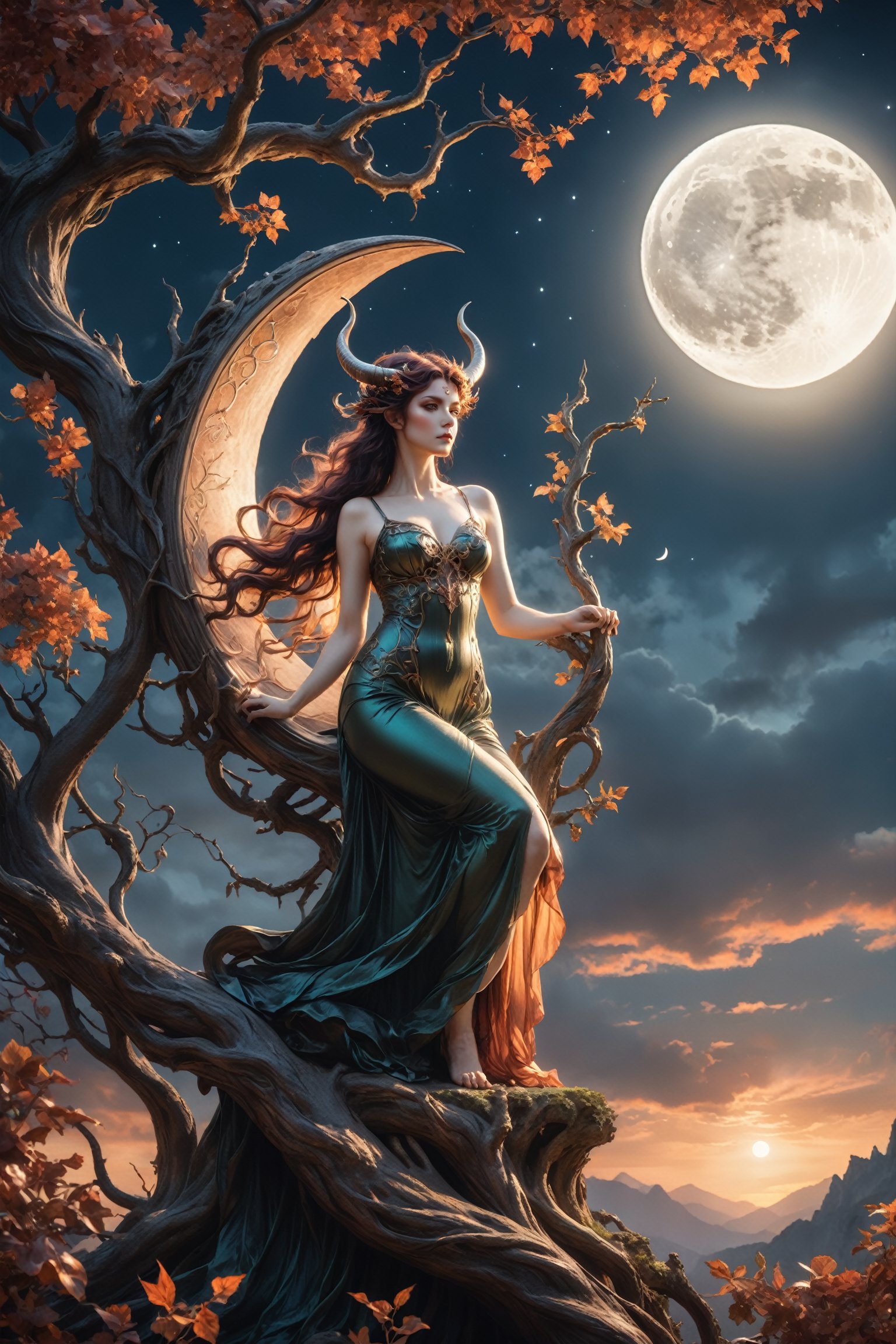 A breathtaking 8K HDR masterpiece! A stunning blend of Art Nouveau and classical romanticism art, Succubus,moon, Gnarly Tree,succubus