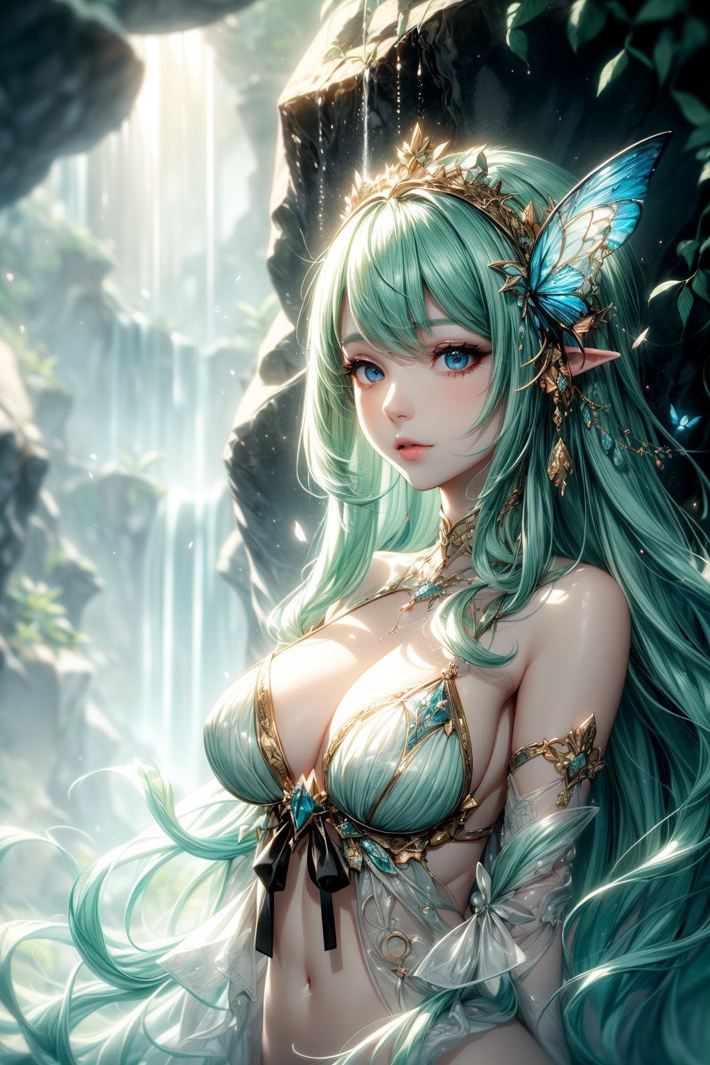 A whimsical, dreamlike artwork that combines elements of a "Waterfall Shower Girl Cave" with fantasy. The cave is nestled beneath a towering mushroom canopy, and the waterfall is a shimmering ribbon of liquid stardust. Inside the cave, a girl in Front with wings bathes under the enchanting cascade, surrounded by fireflies.