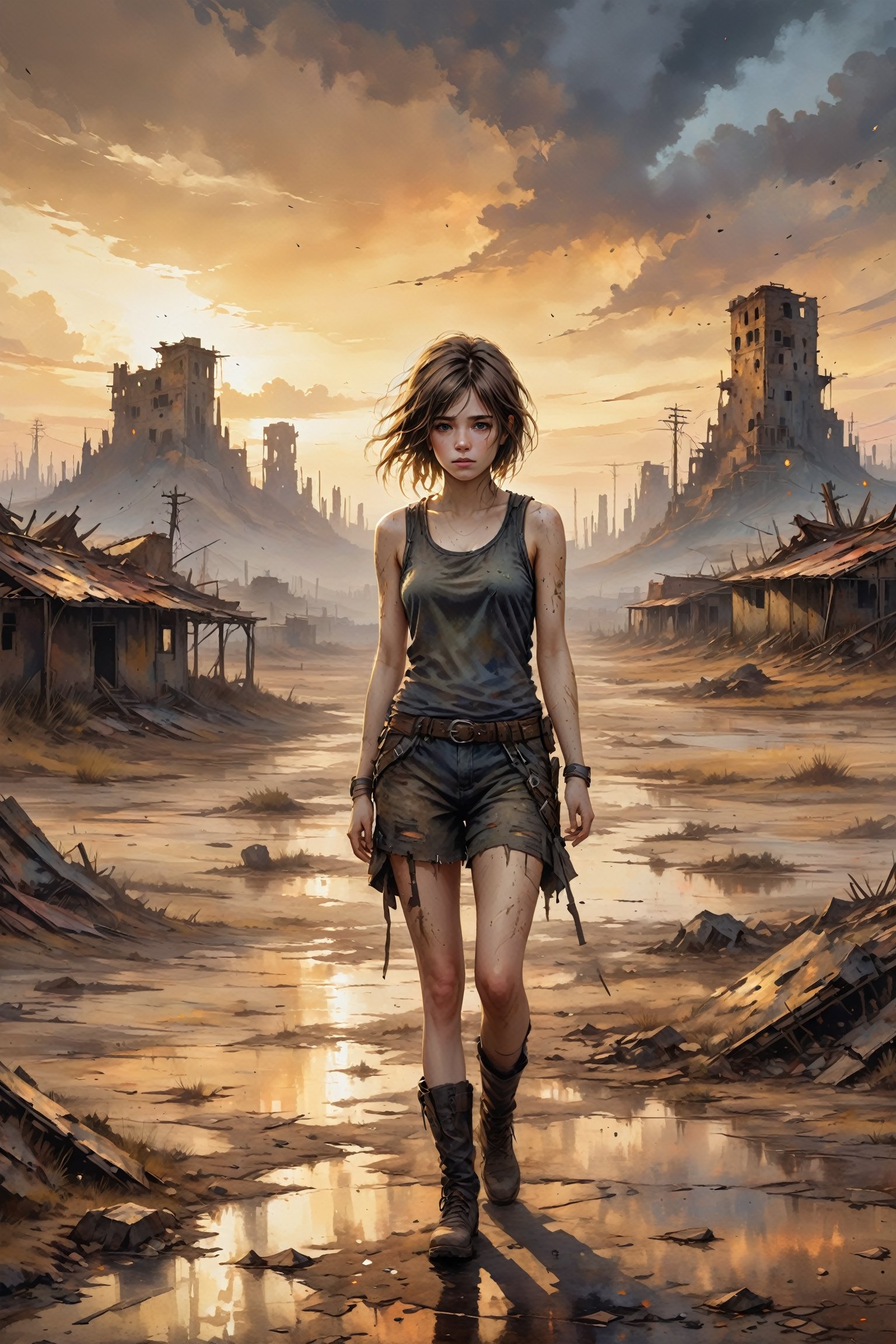 "oil painting, highly detailed, a young girl wandering through a barren wasteland, expression of deep sadness and depression, remnants of a shattered world around her, dark and moody color palette, strokes conveying the texture of dirt and decay, cloudy sky with hints of a setting sun, feeling of loneliness and despair, ((post-apocalyptic)) theme, torn and dirty clothes, scattered ruins"