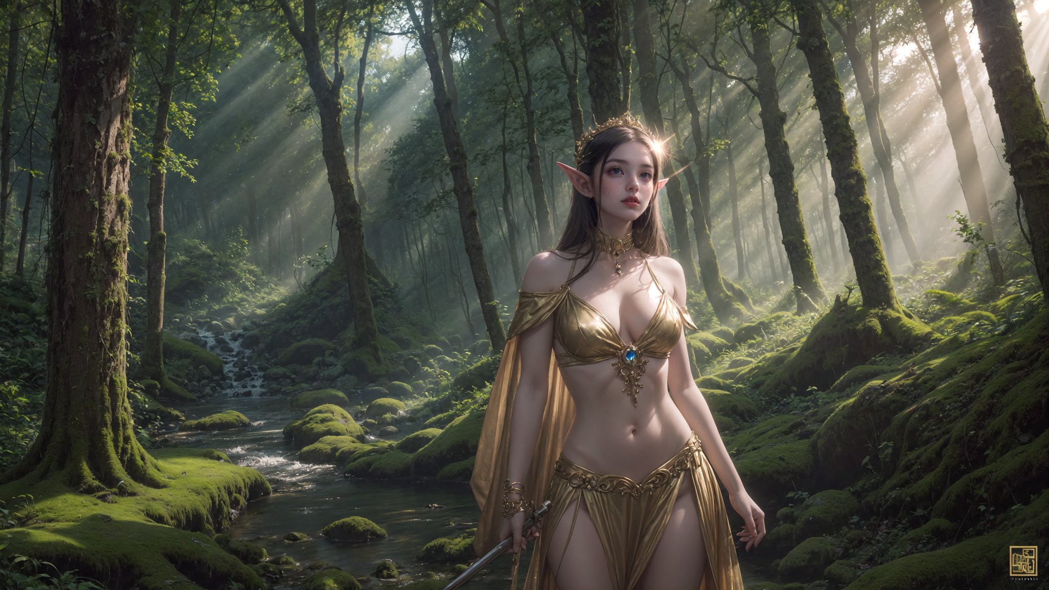 Photorealistic depiction of an Elf Princess in ancient forest ruins, staff raised high, beams of sunlight creating a halo effect, wearing revealing, enchanted clothing, rule of thirds composition, golden hour, sharp focus, lush environment, ethereal mood, Nikon D850, 8k resolution,More Detail COWBOY SHOT