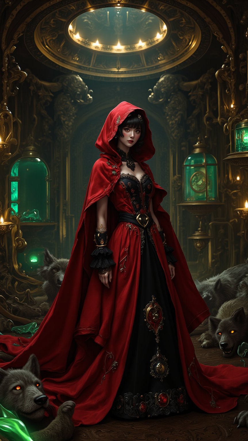 "Little Red Riding Hood in a dark steampunk laboratory, dressed in (gothic Lolita attire), red hood trimmed with lace, brass gears and steam pipes surrounding her, dim lighting with glowing green potion vials, (intricate detailing) on her Victorian-style gown, clockwork wolves lying in the shadows, golden light casting eerie shadows, dramatic angles, anime-inspired design, ((highly detailed)), high contrast, vibrant tones",zahan,Cosplay 