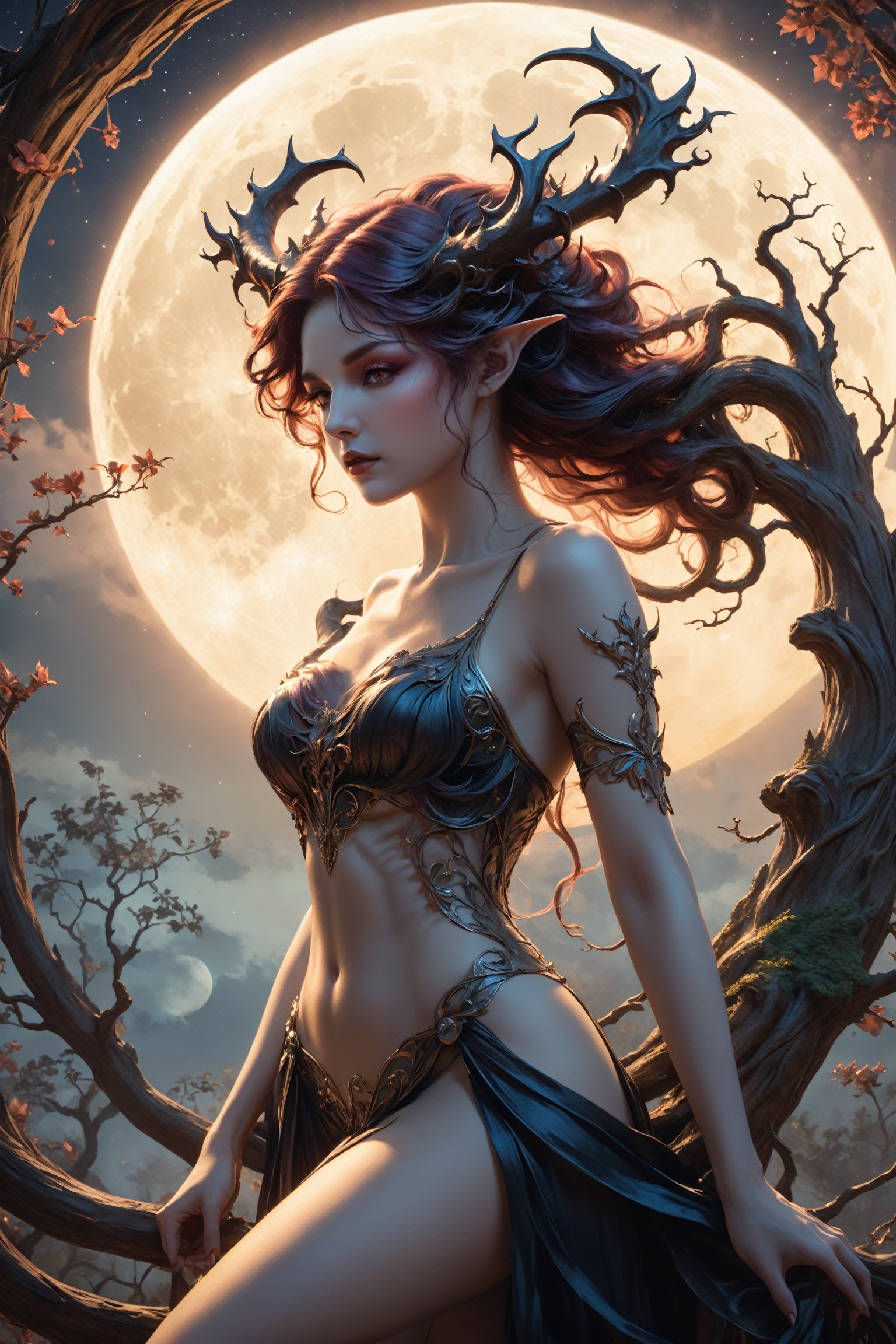 A breathtaking 8K HDR masterpiece! A stunning blend of Art Nouveau and classical romanticism art, Succubus,moon, Gnarly Tree,succubus