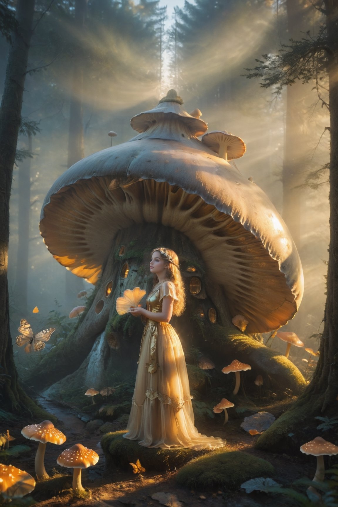 "Golden hour photography, girl in the mystic mist, colossal mushroom, graceful butterflies, otherworldly magic, rule of thirds composition"