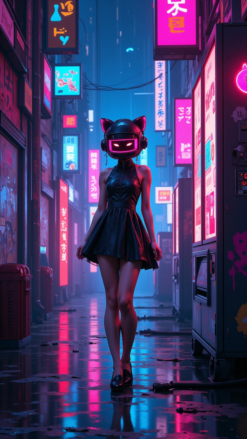  Illustration of a cyberpunk-themed Lolita Little girl fashionista wearing a sleek, tech-inspired dress, posing, wearing a gLOSSY CAT-inspired helmet .The Girl's face is hidden inside an advanced holographic helmet, and its facial features are represented as ASCII art emojis. She’s standing in a gritty alleyway with graffiti-covered walls, futuristic vending machines, and rain-soaked pavement reflecting colorful neon lights. Mid-shot from a low angle, showing her relaxed pose as she leans against a wall, her helmet’s LED displaying a playful wink. Dim lighting with rain softly falling, creating a moody yet energetic atmosphere. ,niji,futuremadness