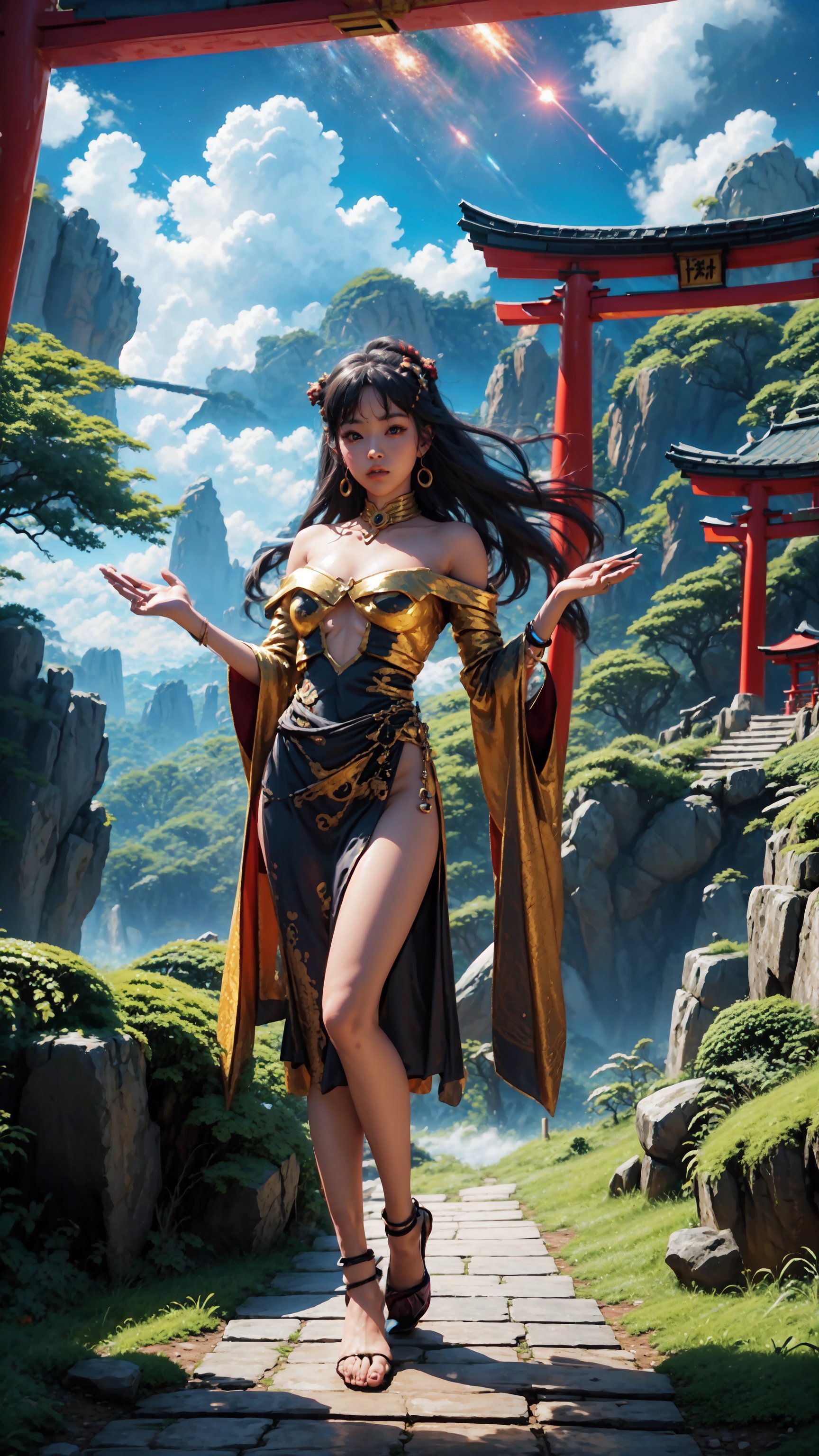 "Full body portrait, girl in a flowing space cape, standing UNDER A TORII on the edge of a vast crystalline canyon, alien planet with swirling nebula skies, dramatic perspective, ((80s space opera)), epic adventure, lens flare effect, detailed textures, photorealistic, golden hour, rule of thirds, rich color contrast, deep shadows, ultra high resolution",Torii,Realism