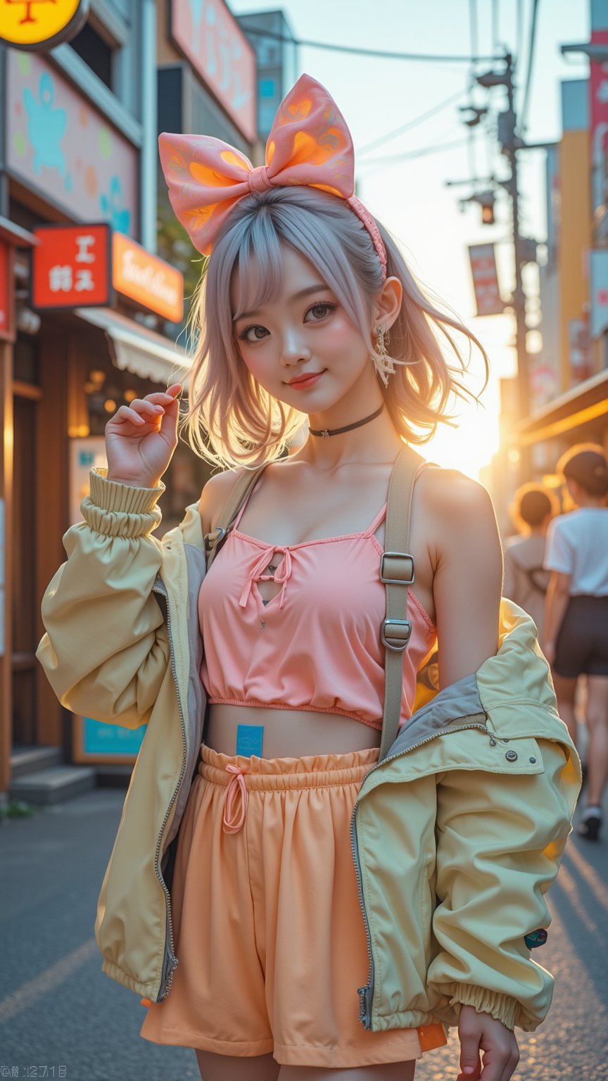 A whimsical Harajuku girl with pastel-colored hair, wearing a mix of neon and soft vintage clothes, stands confidently in a bustling Tokyo street. The scene is filled with vibrant shop signs and quirky street art. Golden hour light casts long shadows, illuminating her playful smile as her oversized bow sways gently in the breeze.
