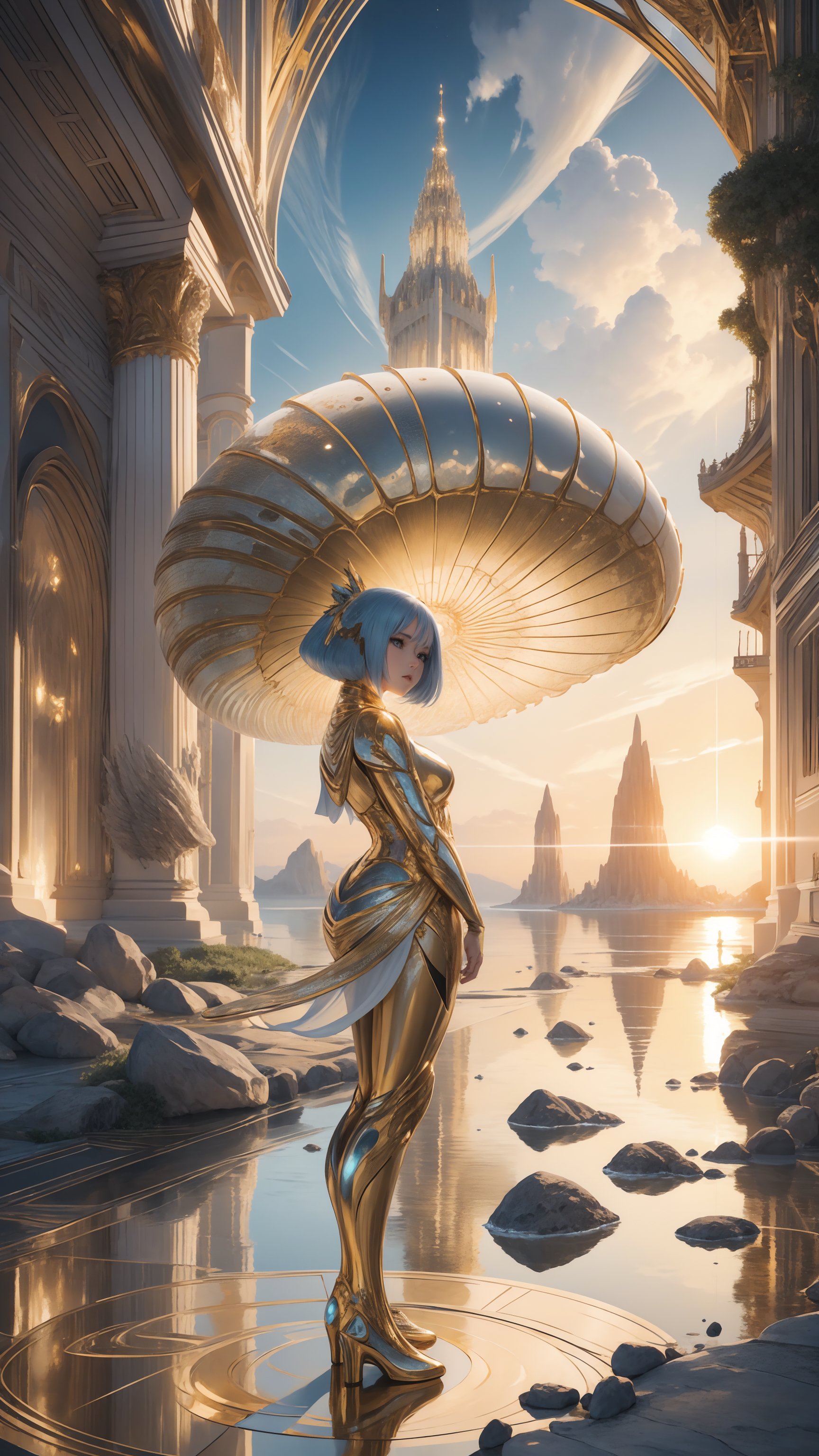 "best quality, golden hour, a young girl standing on an alien shoreline, cradling a large shell with a mother-of-pearl finish, the shell reflecting the golden light of an alien sun, the landscape dotted with bioluminescent plants and distant, towering structures, rule of thirds composition, her expression a mix of awe and curiosity, photorealistic, high resolution, a surreal blend of science fiction and fantasy"",DonM71m37r4v3l