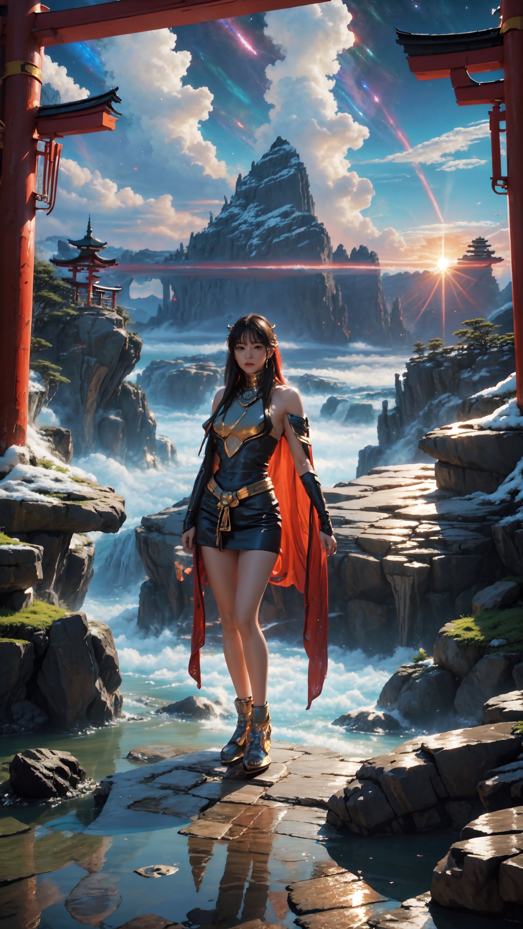 "Full body portrait, girl in a flowing space cape, standing UNDER A TORII on the edge of a vast crystalline canyon, alien planet with swirling nebula skies, dramatic perspective, ((80s space opera)), epic adventure, lens flare effect, detailed textures, photorealistic, golden hour, rule of thirds, rich color contrast, deep shadows, ultra high resolution",Torii,Realism