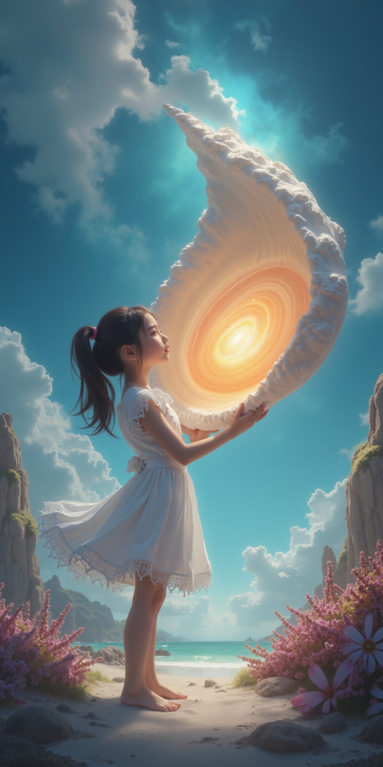 "((masterpiece)), highly detailed, digital illustration, a Beautyful young girl standing on an otherworldly beach, holding a giant shell with a shimmering mother-of-pearl interior, the shell radiating soft iridescent light, her eyes wide with wonder as she gazes into its depths, the landscape around her filled with strange, fantastical flora and glowing crystals, the sky above swirling with vibrant colors, blending elements of science fiction and fantasy, a sense of discovery and magic"lOOKING bACK