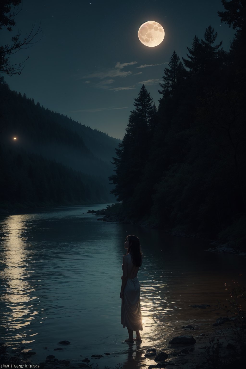 A serene moonlit scene: a girl stands at the river's edge, her back to the camera, gazing up at a towering tree with branches stretching towards the glowing moon. In the distance, an alien spacecraft hovers above the treetops, its gentle hum barely audible over the soft lapping of the water against the shore.