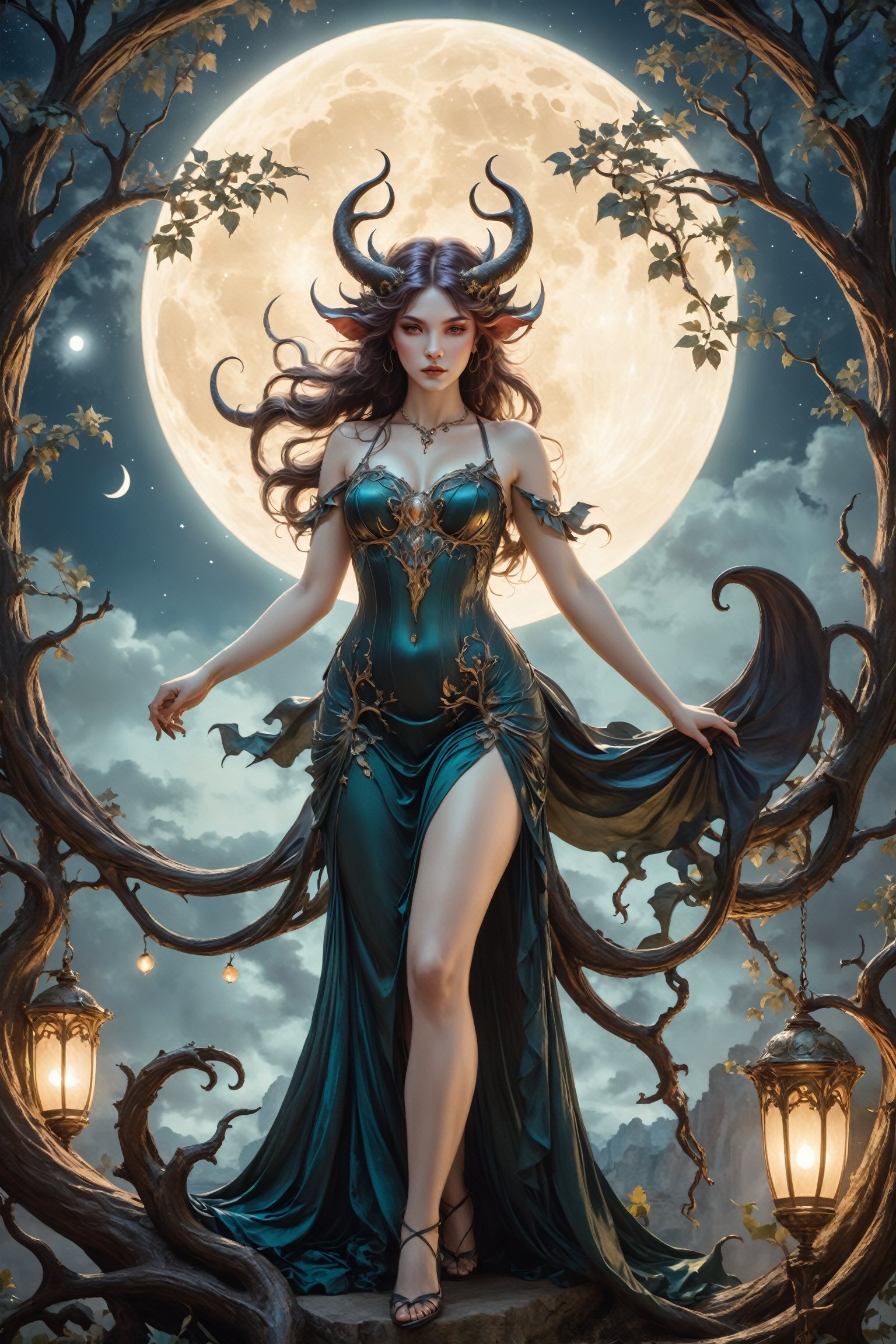 A breathtaking 8K HDR masterpiece! A stunning blend of Art Nouveau and classical romanticism art, Succubus,moon, Gnarly Tree,succubus