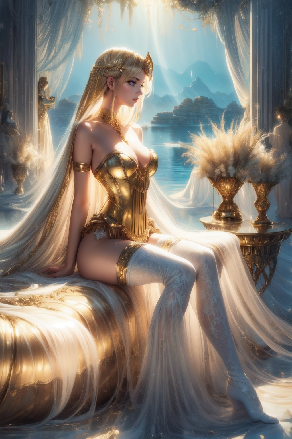 "(((Enchanting girl)) in an Art-Deco fantasy, holding a ((gilded)) shell, surreal landscape with ((soft light)),, thoughtfully composed, ((serene)) dune panorama, ((ethereal)) atmosphere, golden hour magic),, best quality, high resolution, detailed, ((masterpiece)),,nodf_lora,fantasy,corset, Garters, lace-trimmed_kneehighs
