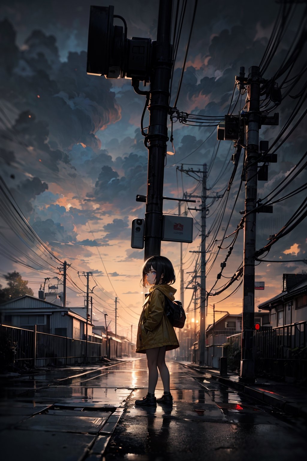 A dramatic black and white photograph of a little girl wearing a yellow raincoat, her silhouette stark against the backdrop of a stormy sky and a solitary telephone pole. The image captures the raw beauty and innocence of childhood amidst the elements.,petite
