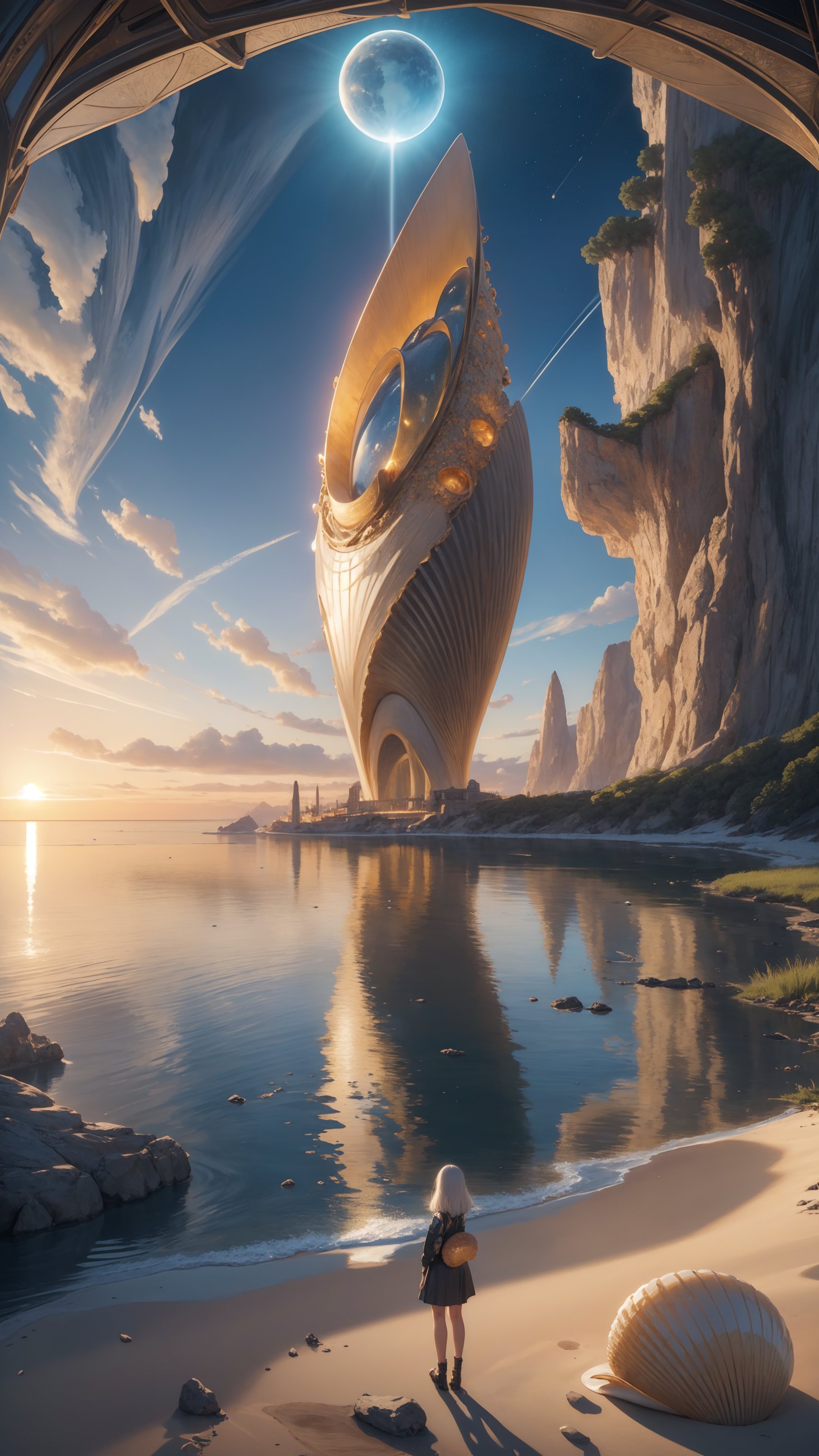 "best quality, golden hour, a young girl standing on an alien shoreline, cradling a large shell with a mother-of-pearl finish, the shell reflecting the golden light of an alien sun, the landscape dotted with bioluminescent plants and distant, towering structures, rule of thirds composition, her expression a mix of awe and curiosity, photorealistic, high resolution, a surreal blend of science fiction and fantasy"",DonM71m37r4v3l