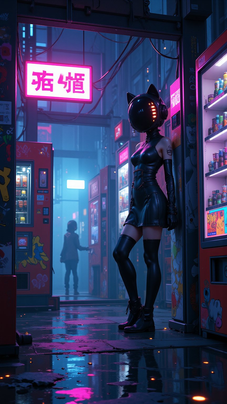  Illustration of a cyberpunk-themed Lolita Little girl fashionista wearing a sleek, tech-inspired dress, posing, wearing a gLOSSY CAT-inspired helmet .The Girl's face is hidden inside an advanced holographic helmet, and its facial features are represented as ASCII art emojis. She’s standing in a gritty alleyway with graffiti-covered walls, futuristic vending machines, and rain-soaked pavement reflecting colorful neon lights. Mid-shot from a low angle, showing her relaxed pose as she leans against a wall, her helmet’s LED displaying a playful wink. Dim lighting with rain softly falling, creating a moody yet energetic atmosphere. ,niji,futuremadness