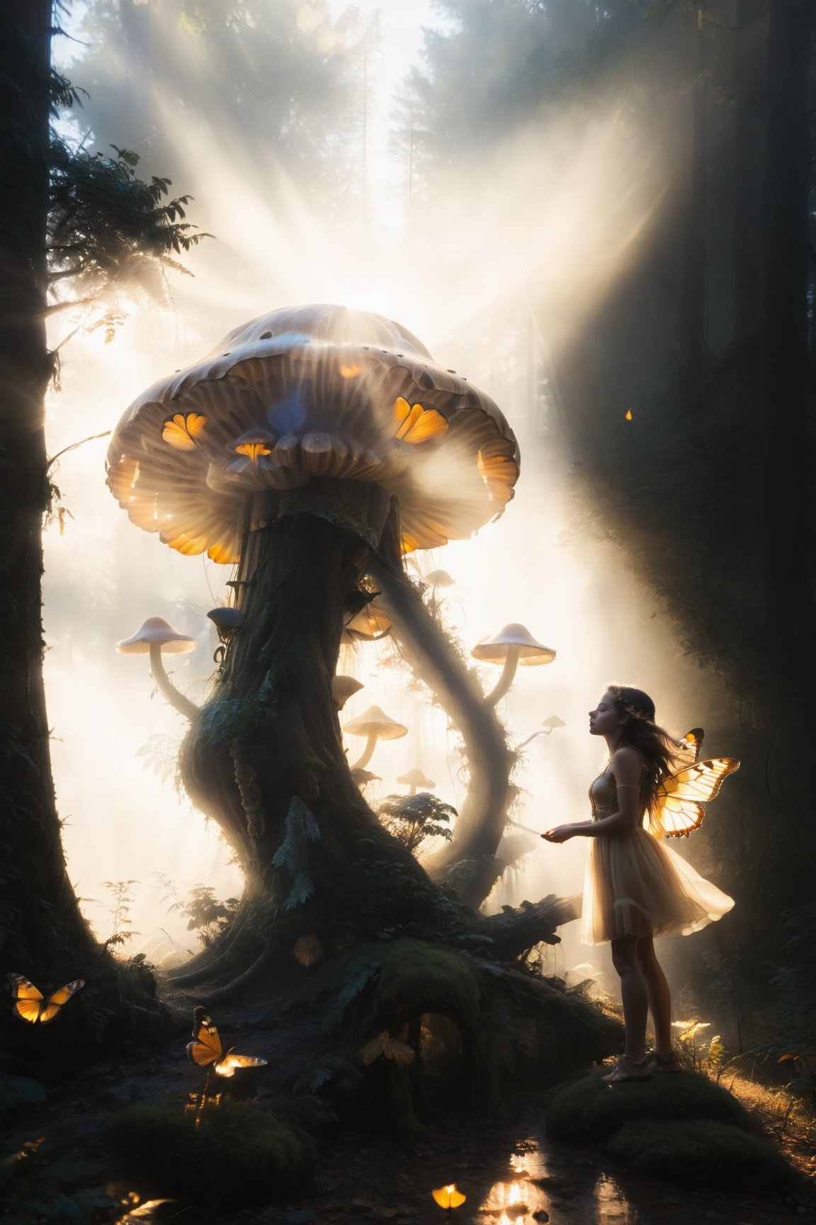 "Golden hour photography, girl in the mystic mist, colossal mushroom, graceful butterflies, otherworldly magic, rule of thirds composition"