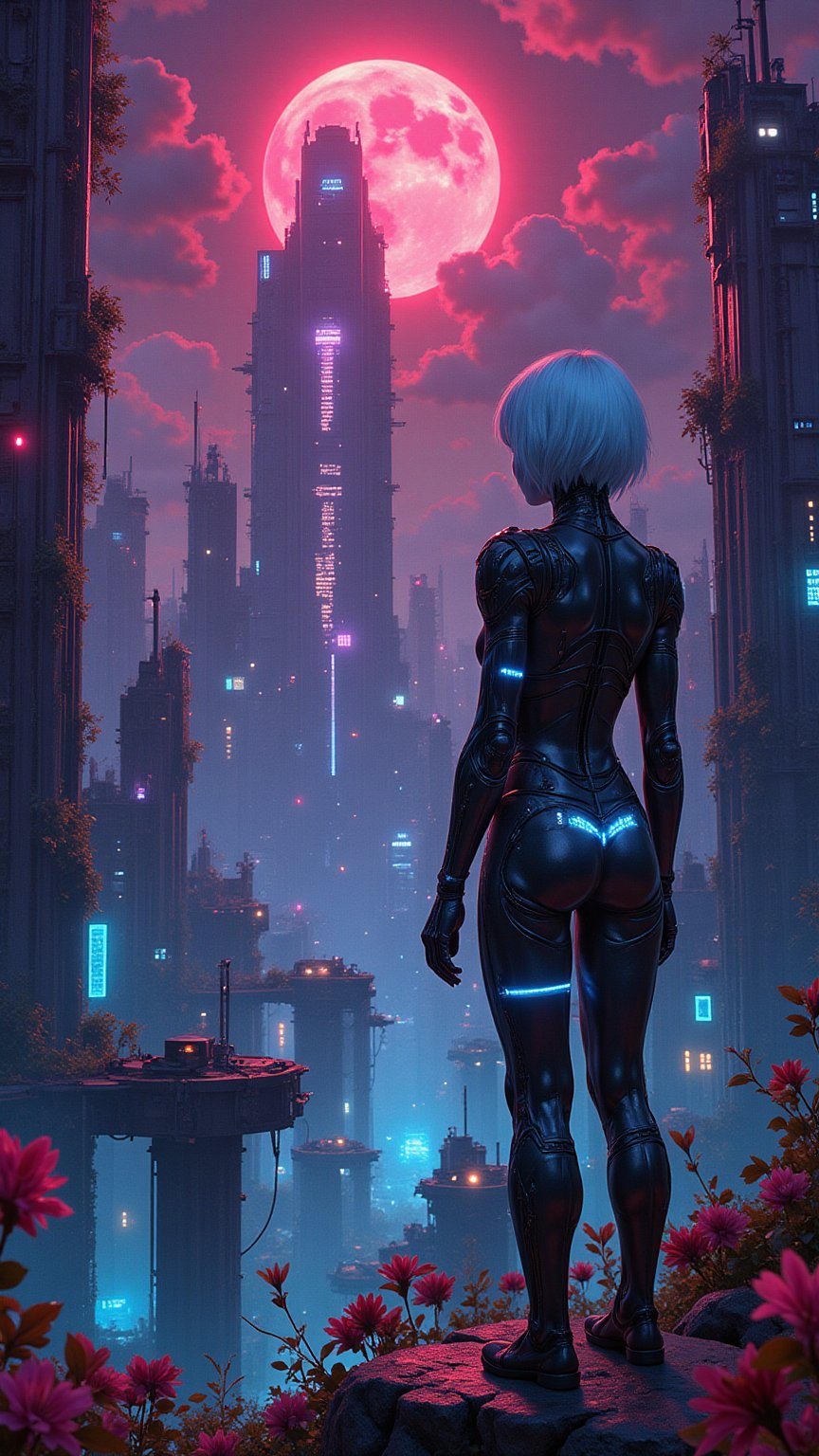 A cybernetic girl with glowing blue eyes and mechanical limbs, standing in the heart of a surreal biomorphic city. The city is filled with undulating, organic structures that seem to breathe and move, their surfaces covered in alien plant life and intricate bio-mechanical designs. The girl, with short white hair and a sleek, metallic bodysuit, looks out over the city from a high vantage point, her expression one of determination. Neon lights reflect off her cybernetic body, casting intricate shadows on the ground below. The sky is a swirl of dark purple and red, adding a sense of surreal beauty to the scene.,dystopian