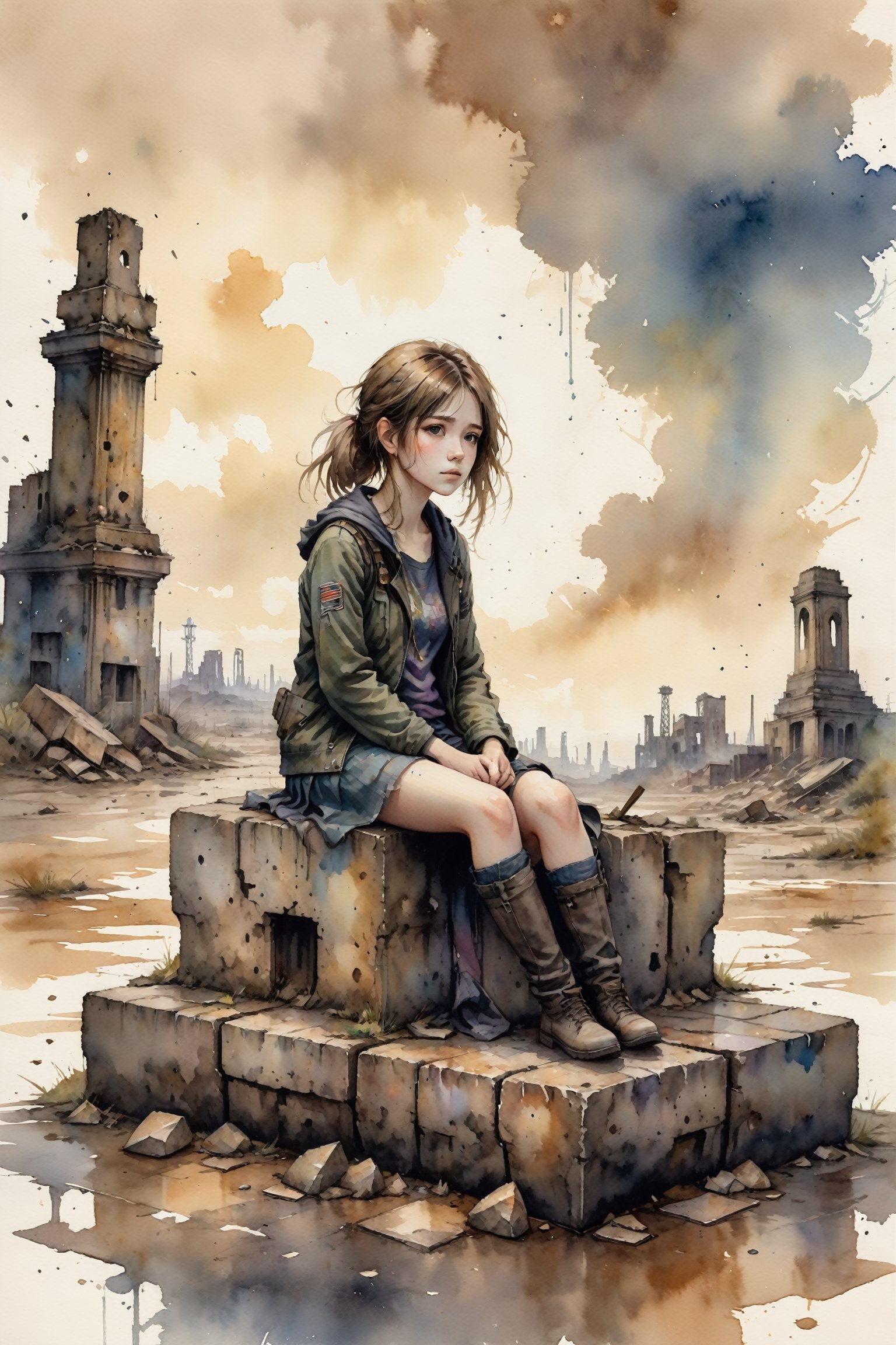 "watercolor painting, soft yet detailed, a young girl sitting on a crumbling concrete block, surrounded by the remnants of civilization, muted and somber color palette, expressive brush strokes depicting her sense of desperation and depression, cloudy sky with hints of light breaking through, post-apocalyptic wasteland with scattered debris and ruins, delicate portrayal of her fragile state, lonely and abandoned"