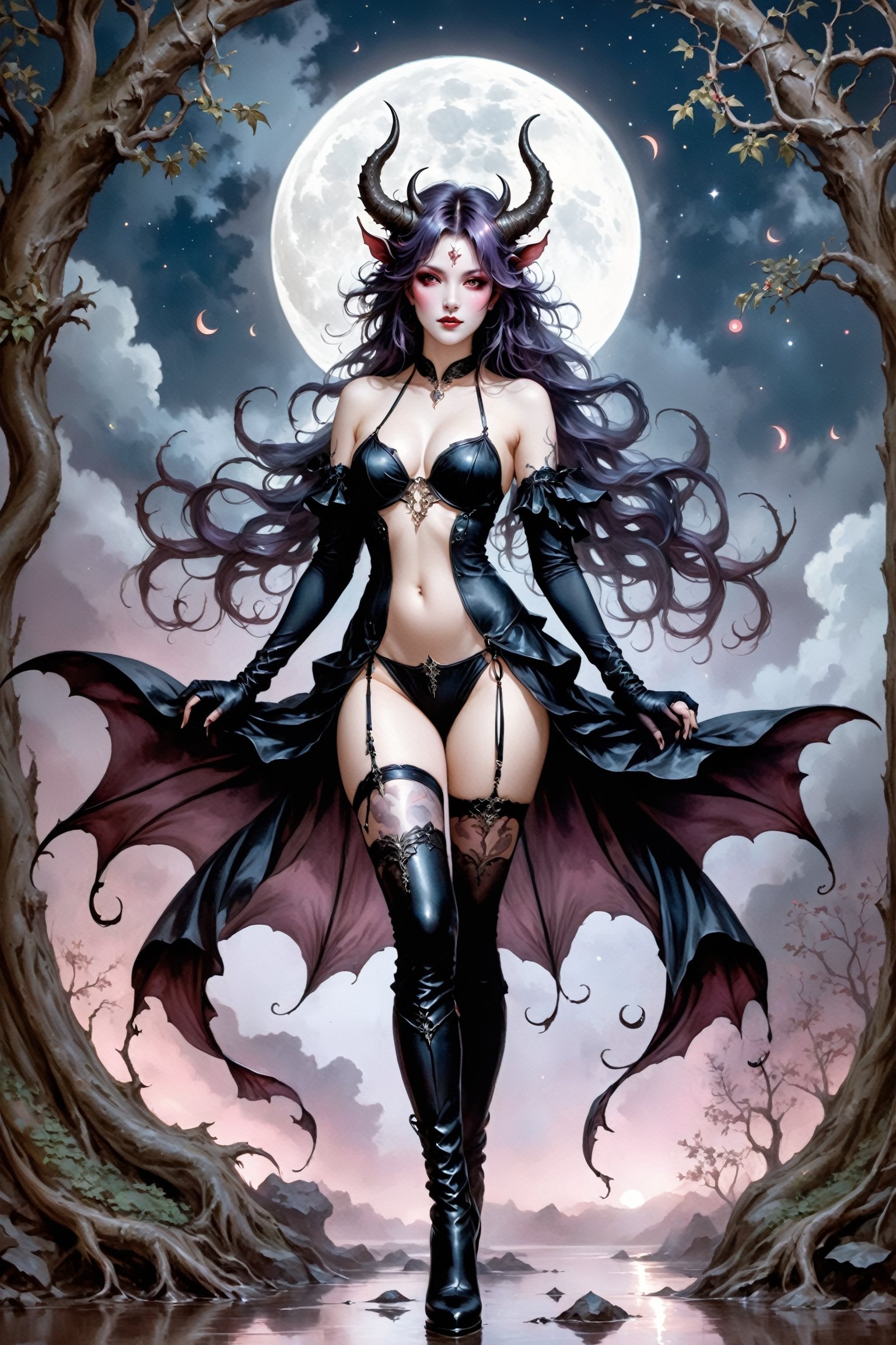 A breathtaking 8K HDR masterpiece! A stunning blend of Art Nouveau and classical romanticism art, Succubus,moon, Gnarly Tree,succubus,jyojifuku, thighhighs, horns, underwear, elbow gloves, o-ring, collar, boots