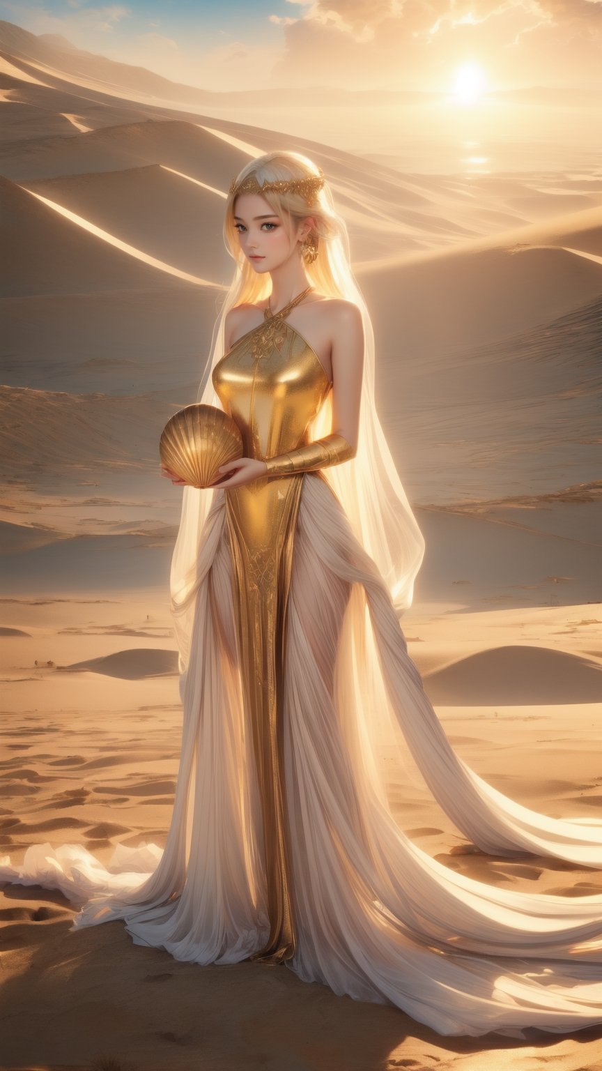 "(((Enchanting girl)) in an Art-Deco fantasy, holding a ((gilded)) shell, surreal landscape with ((soft light)),, thoughtfully composed, ((serene)) dune panorama, ((ethereal)) atmosphere, golden hour magic),, best quality, high resolution, detailed, ((masterpiece)),,nodf_lora,fantasy