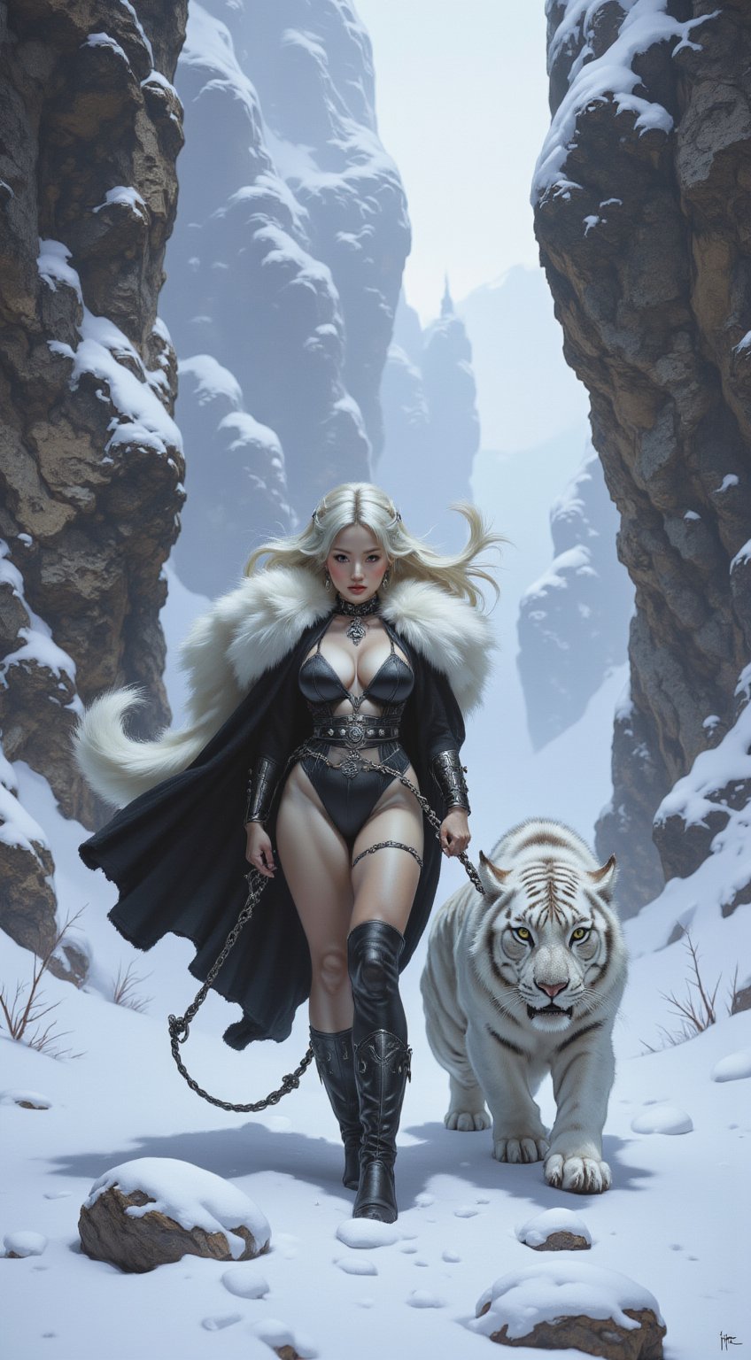 A dramatic fantasy scene in the style of epic fantasy landscapes, featuring a warrior queen in fur-lined armor, holding a heavy iron leash attached to a snow-white tiger with icy blue eyes. They stand on a narrow, snow-covered mountain pass surrounded by jagged cliffs and swirling snow flurries. The queen’s braided silver hair flows behind her in the wind, and her breath is visible in the cold air. The viewpoint is a close-up from below, emphasizing her stoic expression and the fierce determination in her eyes. The lighting is dim and moody, with diffused gray light from an overcast sky casting soft shadows on the snow, creating a cold, forbidding atmosphere.,VNS_Add more details,wonder beauty,Enhanced all,FANTASY,PAINTING,IN,STYLE,OF FR4Z3TT4