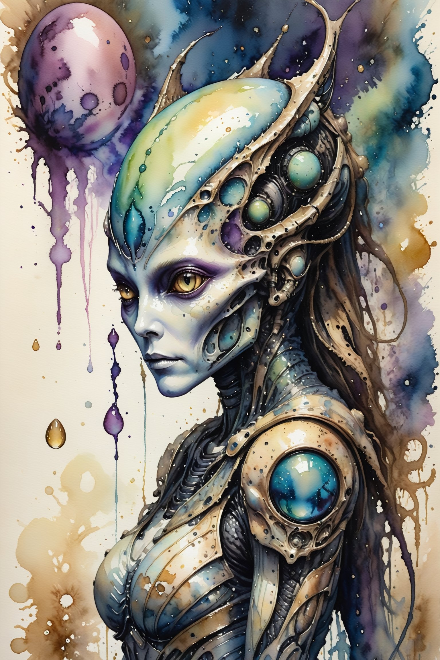 "watercolor painting, soft yet detailed, an alien queen in an ethereal biomechanical landscape, surrounded by semi-translucent alien eggs, muted and mysterious color palette, delicate brush strokes depicting her intricate bio-armor and alien features, soft glow emanating from the eggs, sense of alien royalty and mystique, impressionistic yet detailed portrayal, harmonious and otherworldly atmosphere"