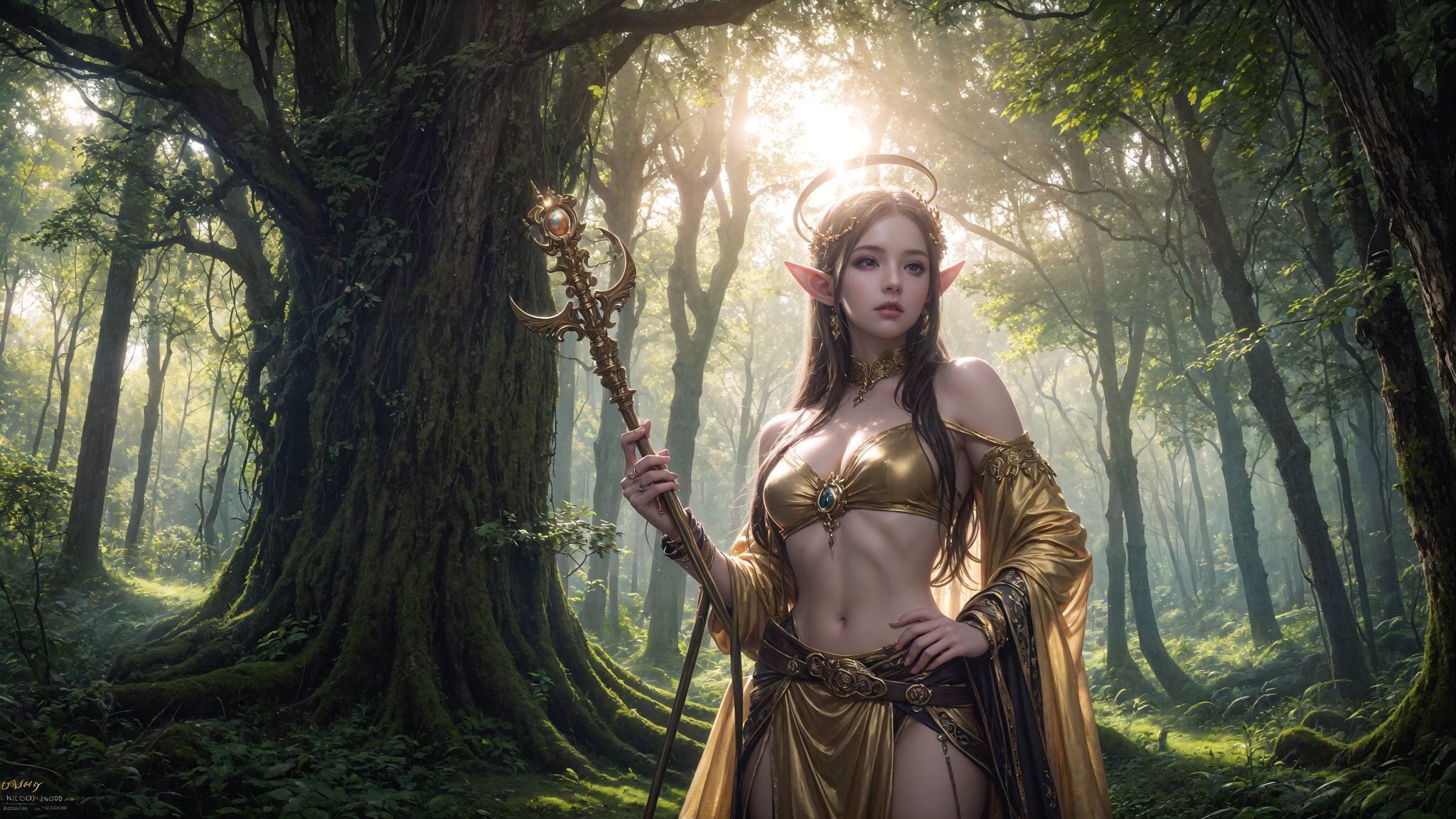 Photorealistic depiction of an Elf Princess in ancient forest ruins, staff raised high, beams of sunlight creating a halo effect, wearing revealing, enchanted clothing, rule of thirds composition, golden hour, sharp focus, lush environment, ethereal mood, Nikon D850, 8k resolution,More Detail COWBOY SHOT