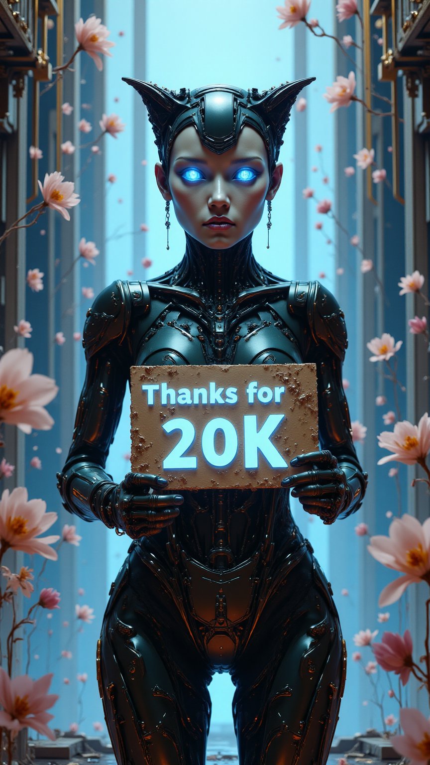 A cybernetic girl with glowing blue eyes and mechanical limbs, standing in the heart of a surreal biomorphic city.she holds a sign that reads 'Thanks for 20K' in bold, fantasy-style lettering.,fluxtration