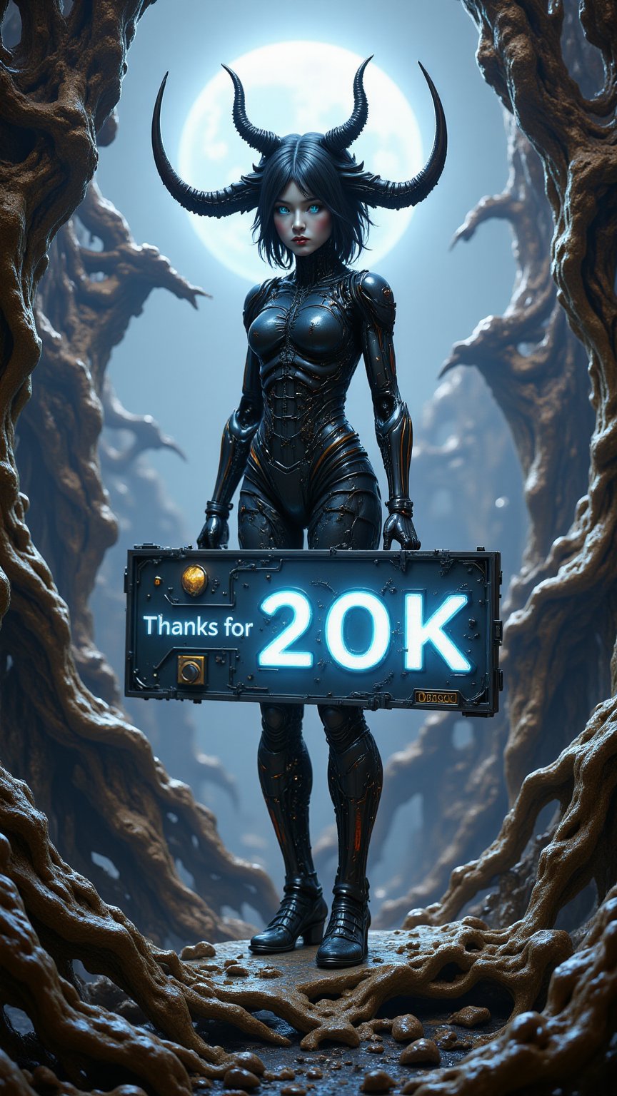 A cybernetic girl with glowing blue eyes and mechanical limbs, standing in the heart of a surreal biomorphic city.she holds a sign that reads 'Thanks for 20K' in bold, fantasy-style lettering.,fluxtration