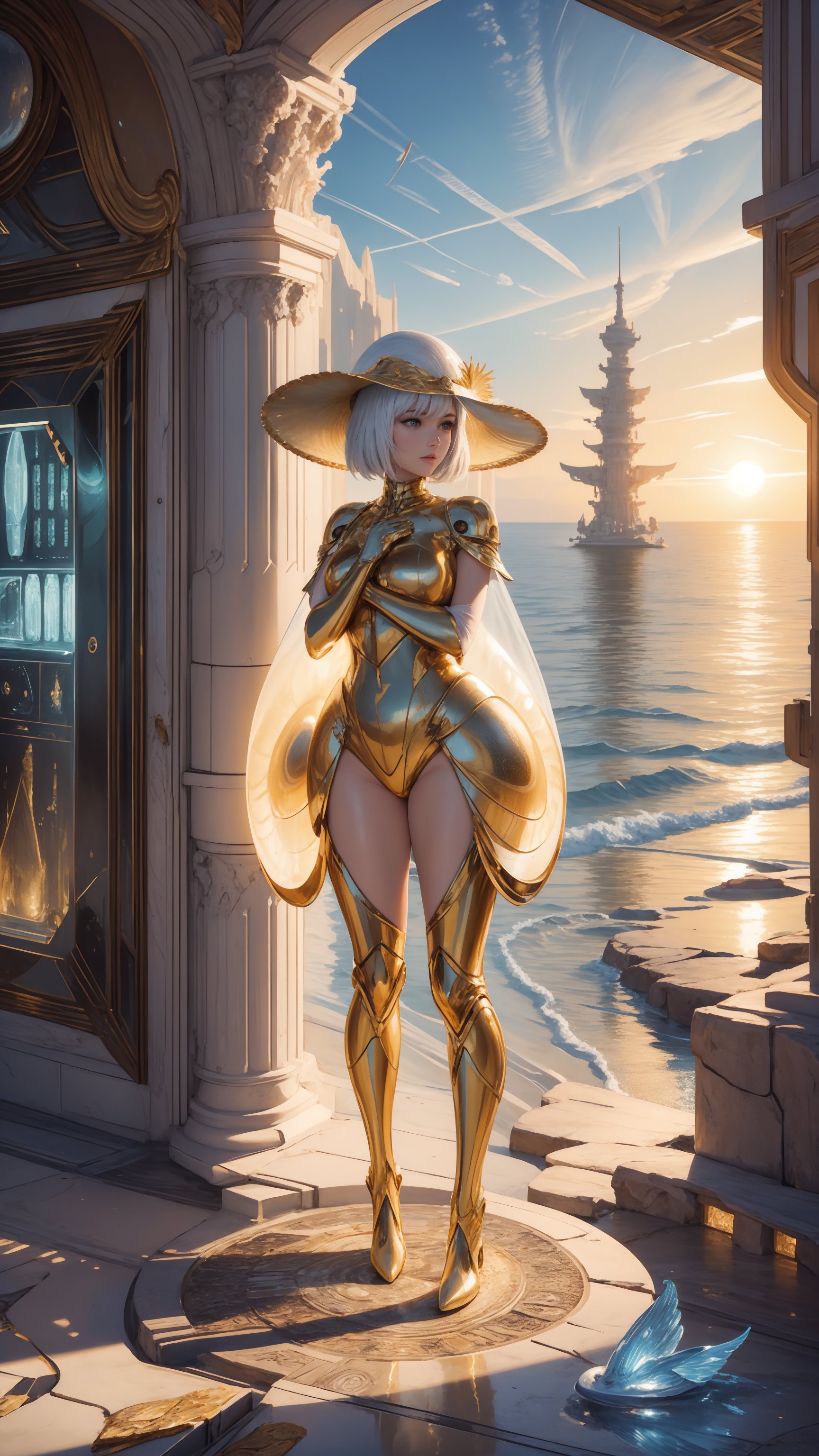 "best quality, golden hour, a young girl standing on an alien shoreline, cradling a large shell with a mother-of-pearl finish, the shell reflecting the golden light of an alien sun, the landscape dotted with bioluminescent plants and distant, towering structures, rule of thirds composition, her expression a mix of awe and curiosity, photorealistic, high resolution, a surreal blend of science fiction and fantasy"",DonM71m37r4v3l