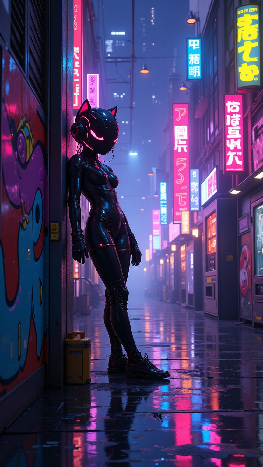  Illustration of a cyberpunk-themed Lolita Little girl fashionista wearing a sleek, tech-inspired dress, posing IN A SEDUCTIVE WAY, wearing a gLOSSY CAT-inspired helmet .The Girl's face is hidden inside an advanced holographic helmet, and its facial features are represented as ASCII art emojis. She’s standing in a gritty alleyway with graffiti-covered walls, futuristic vending machines, and rain-soaked pavement reflecting colorful neon lights. Mid-shot from a low angle, showing her relaxed pose as she leans against a wall, Dim lighting with rain softly falling, creating a moody yet energetic atmosphere. ,niji,futuremadness