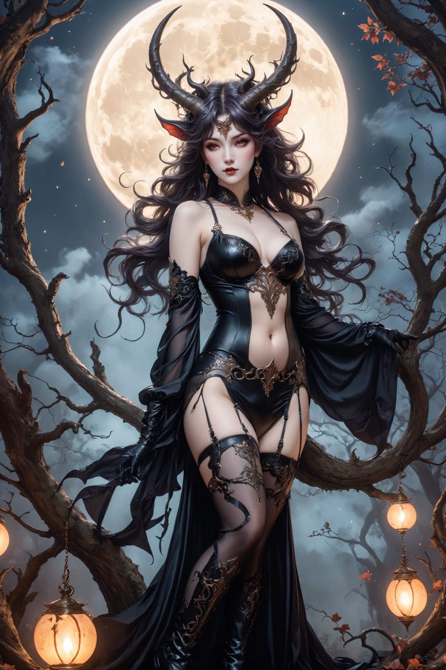 A breathtaking 8K HDR masterpiece! A stunning blend of Art Nouveau and classical romanticism art, Succubus,moon, Gnarly Tree,succubus,jyojifuku, thighhighs, horns, underwear, elbow gloves, o-ring, collar, boots