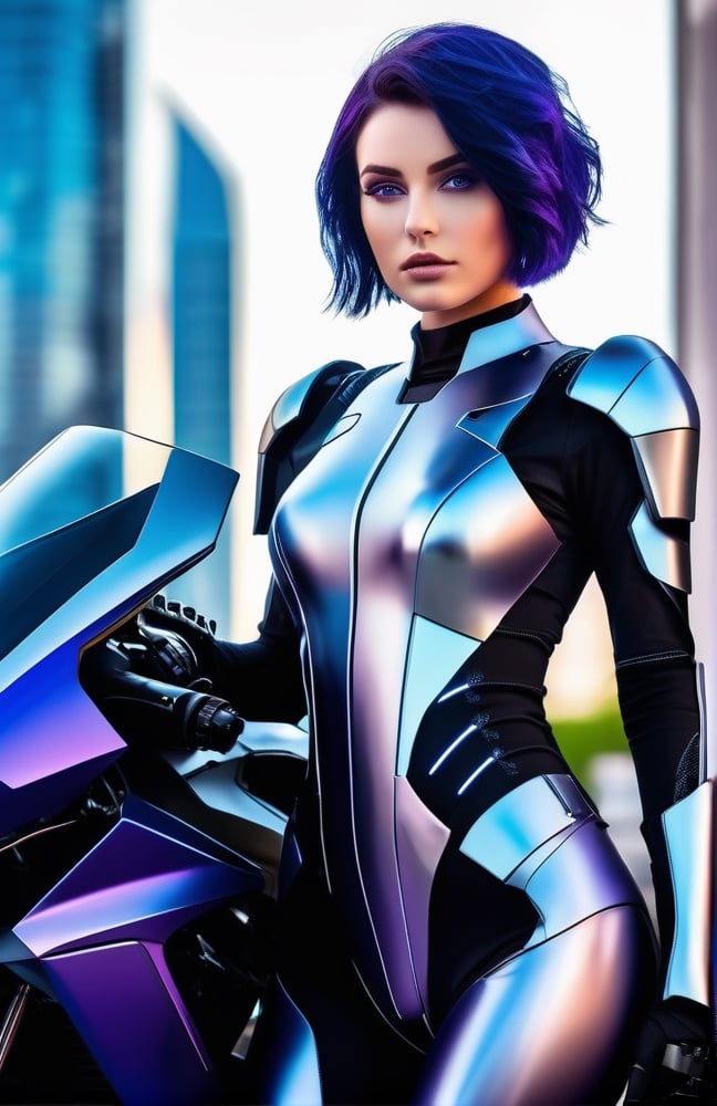 UHD 8K realistic photo scene, beautiful young girl, medium height, pretty face, short dark blue hair, violet eyes, robotic body, black bodysuit, futuristic armor, posing with a futuristic motorcycle with the city in the background