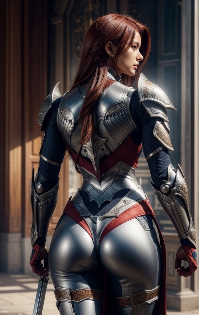 Ultra detailed realistic photo scene UHD 8K HDR, 1 red-haired woman, blue eyes, long hair, slim, perfect model body, super detailed fantasy armor, view from behind, warrior of xian