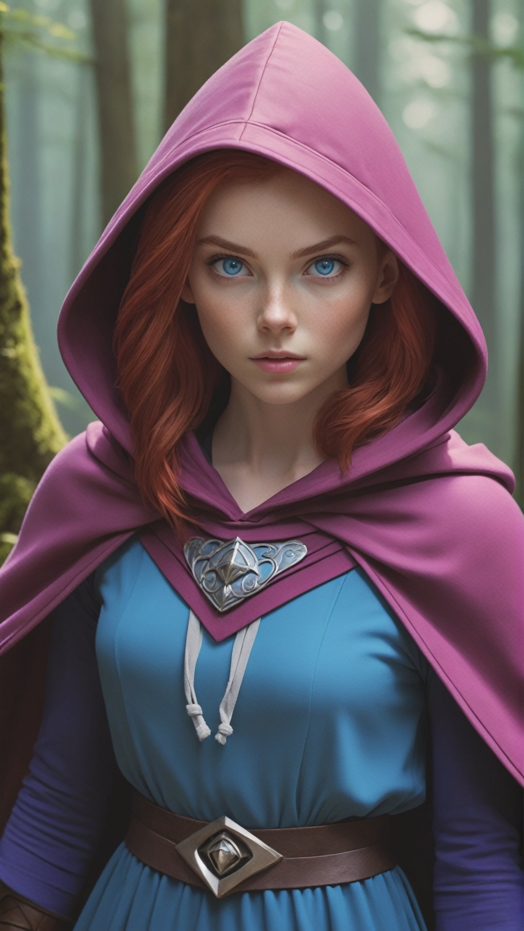 UHD 8K scene, hyper realistic photographic quality, beautiful young girl, red hair, bright blue eyes, 
thief outfit short pink dress, purple hooded cape from Dungeons and Dragons, in the middle of a forest