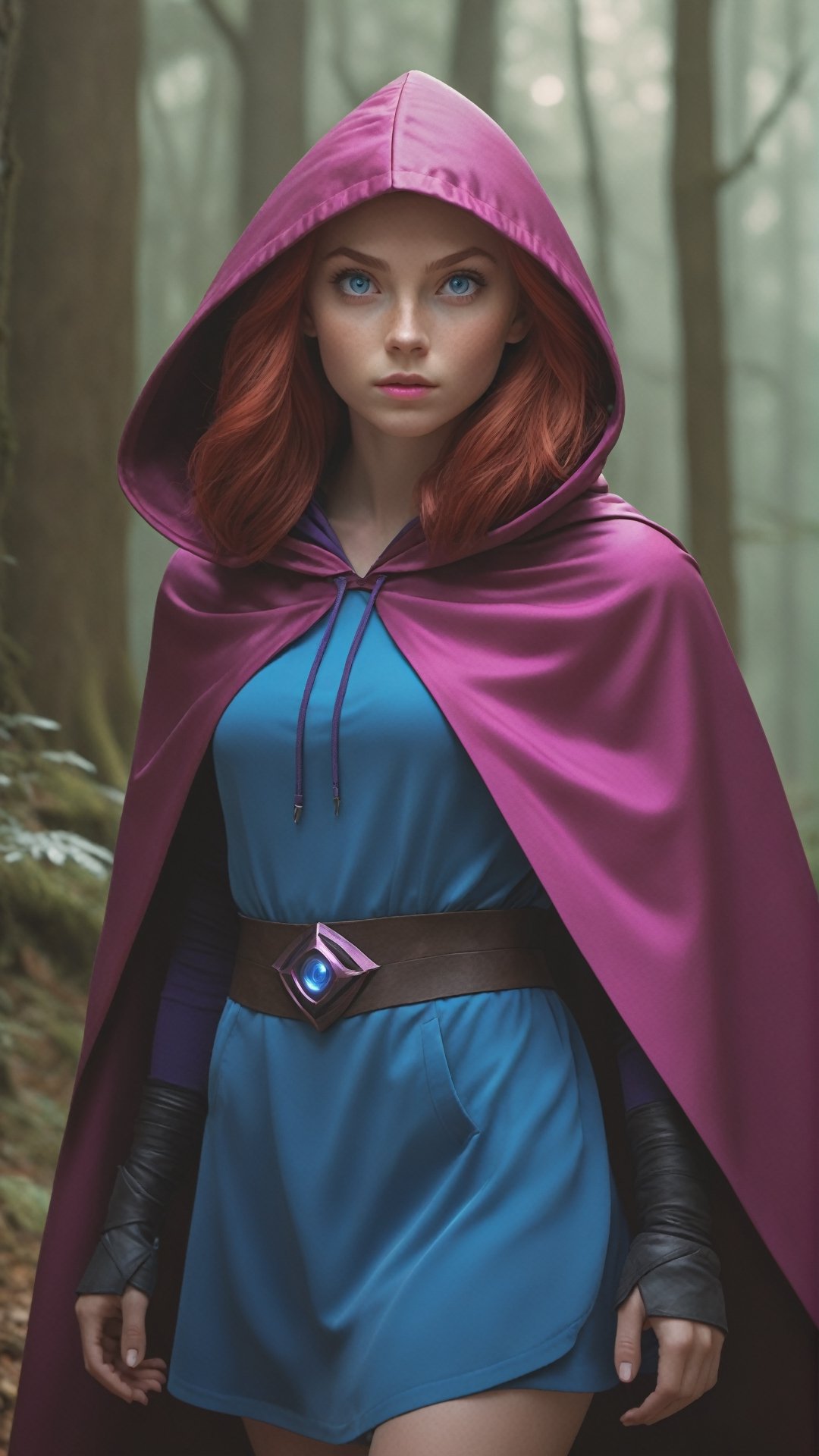 UHD 8K scene, hyper realistic photographic quality, beautiful young girl, red hair, bright blue eyes, 
thief outfit short pink dress, purple hooded cape from Dungeons and Dragons, in the middle of a forest