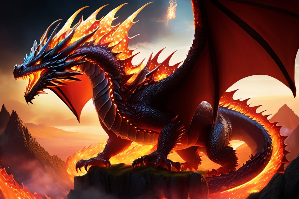 Enter an epic fantasy kingdom where the Dragon reigns. Visualize this impressive creature with a huge spiky body covered in crystalline scales. Imagine the dragon's breath as it scorches the landscape, leaving a trail of ash. Its fiery breath burns the great Yddarsil ash tree. Its flaming wings create firestorms as it soars through the skies, commanding the power of fire in this photographic masterpiece.