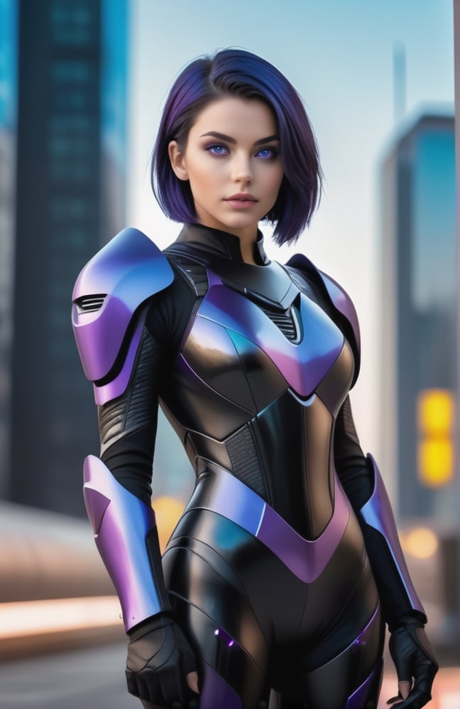 UHD 8K realistic photo scene, beautiful young girl, medium height, pretty face, short dark blue hair, violet eyes, black bodysuit, futuristic armor, posing with a futuristic motorcycle with the city in the background