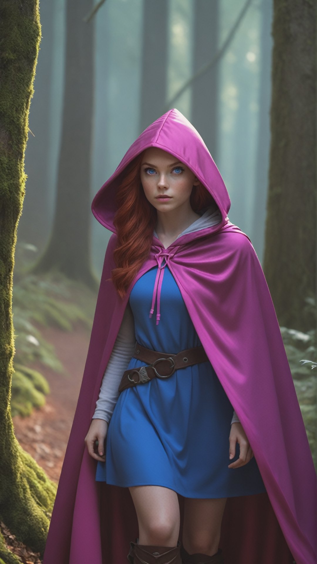 UHD 8K scene, hyper realistic photographic quality, beautiful young girl, red hair, bright blue eyes, 
thief outfit short pink dress, purple hooded cape from Dungeons and Dragons, in the middle of a forest