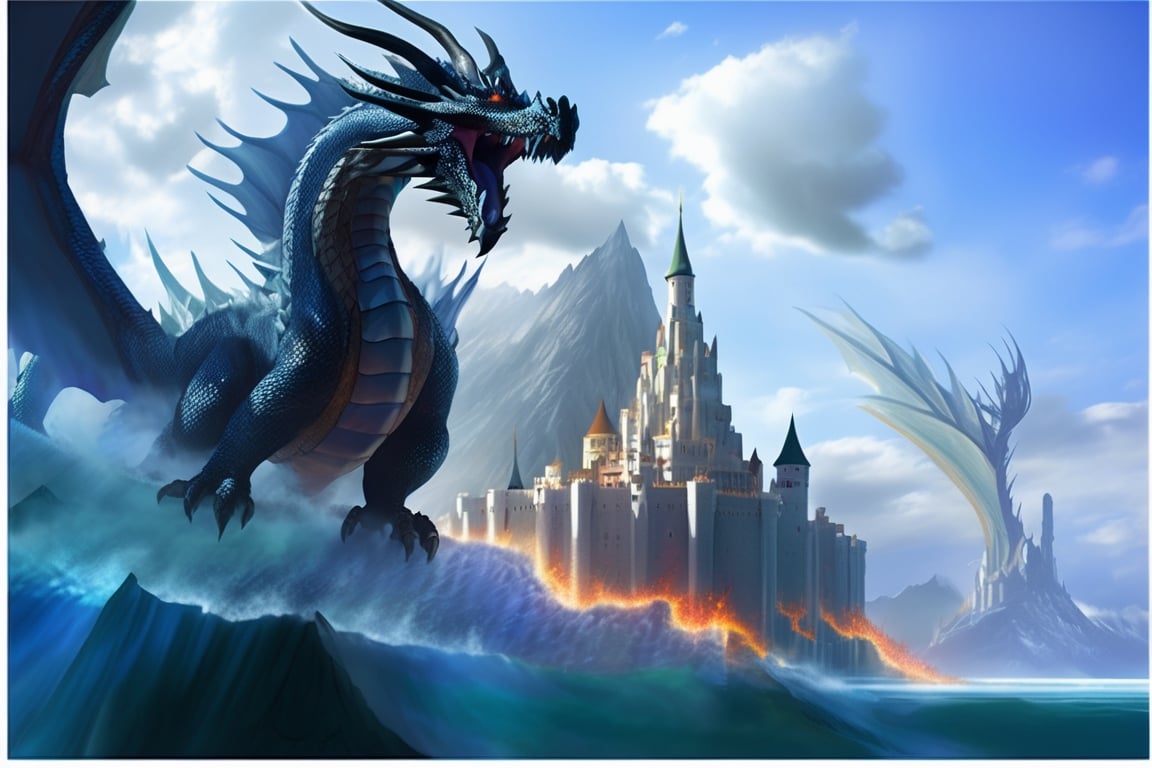 Enter an epic fantasy kingdom where the Dragon reigns. Visualize this impressive creature with a huge spiky body covered in crystalline scales. Imagine the dragon's breath as it scorches the landscape, leaving a trail of ash. Its fiery breath burns the great Yddarsil tree. Its flaming wings create firestorms as it soars through the skies, commanding the power of fire in this photographic masterpiece.