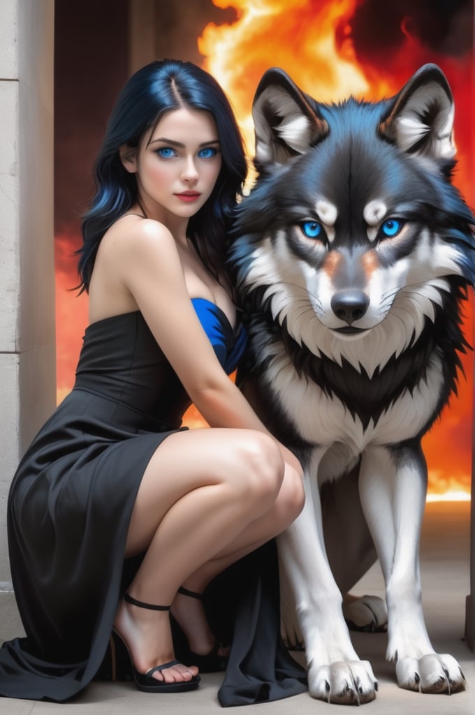UHD 8K photo realistic image, beautiful young woman, blue-black hair, blue eyes, in a crouching position, wearing a black strapless dress, behind her a giant wolf with white fur and fiery red eyes