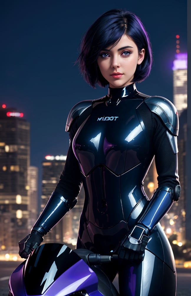 UHD 8K realistic photo scene, beautiful young girl, medium height, pretty face, short dark blue hair, violet eyes, robotic body, black bodysuit, futuristic armor, posing with a futuristic motorcycle with the city in the background,short hair