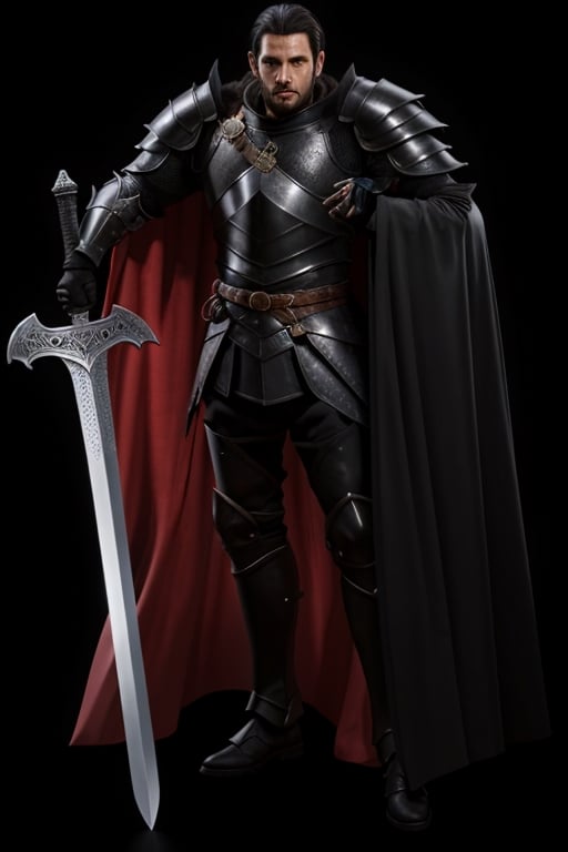 8K UHD photorealistic image, tall strong man, long black hair, black eyes, black full armor, black arm and leg armor, black large armor shoulder pads, black large armor collar, long black cape black color, large claymor sword