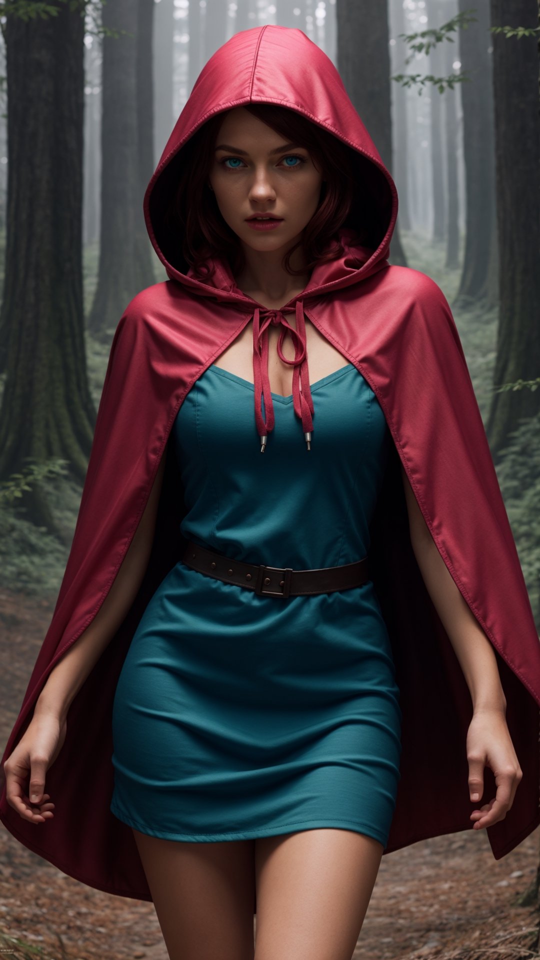 UHD 8K scene, hyper realistic photographic quality, beautiful young girl, red hair, bright blue eyes, 
thief outfit short pink dress, purple hooded cape from Dungeons and Dragons, in the middle of a forest